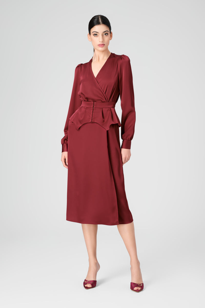 Rochie rosu burgund midi cu corset integrat Fold