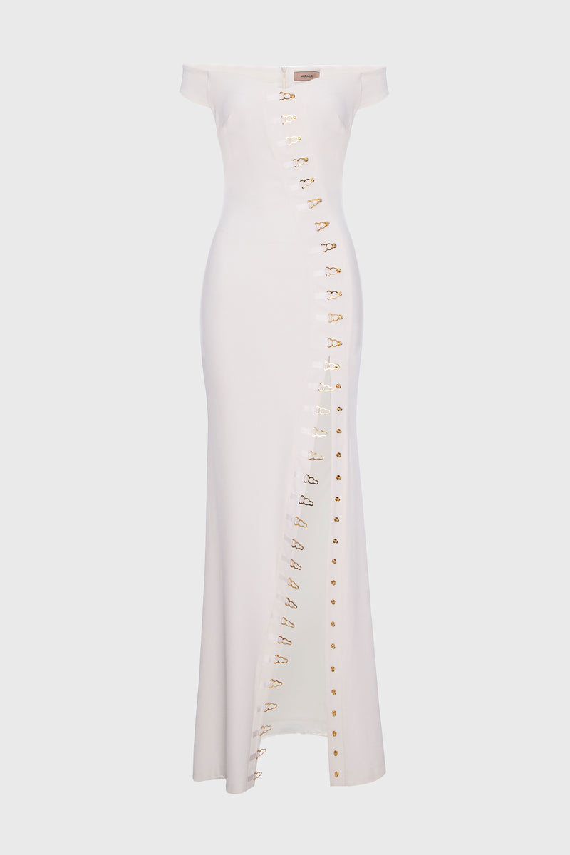 Rochie alba lunga cu decolteu Ivy