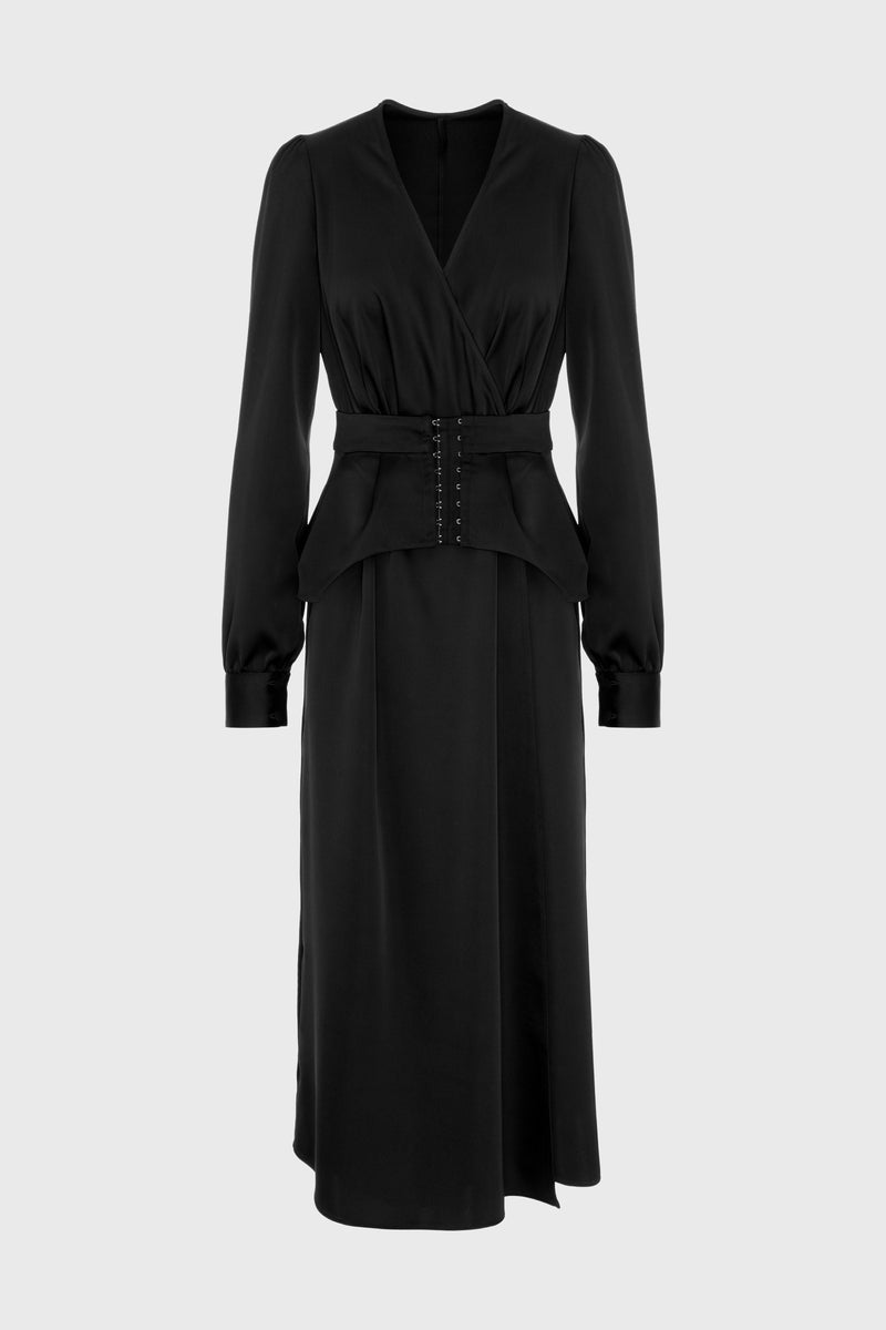 Rochie neagra midi cu corset integrat Fold
