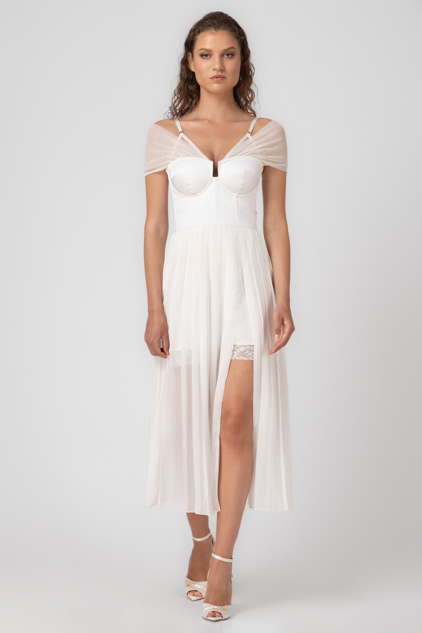 Rochie alba din satin si voal plisat Utility