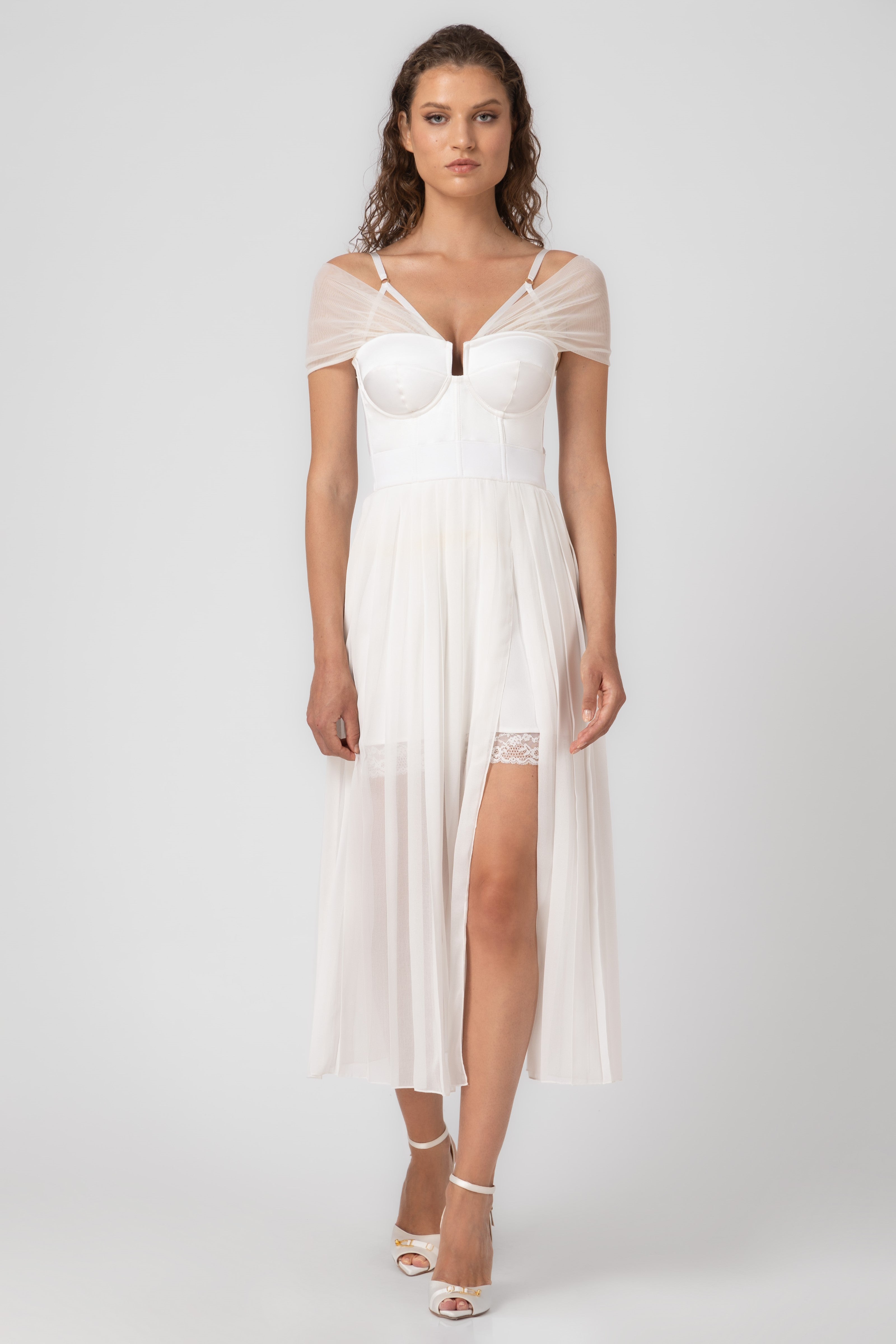 Rochie alba din satin si voal plisat Utility
