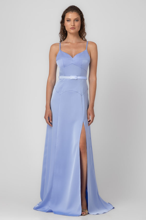 Rochie lunga albastru deschis din satin Blossom