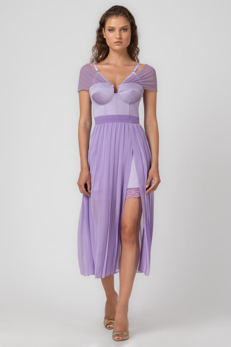 Rochie lavanda din satin si tulle plisat Utility