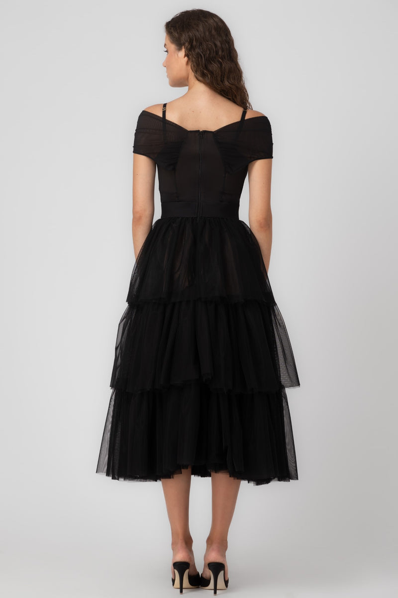 Rochie midi neagra din tulle Sculpt Ruffle