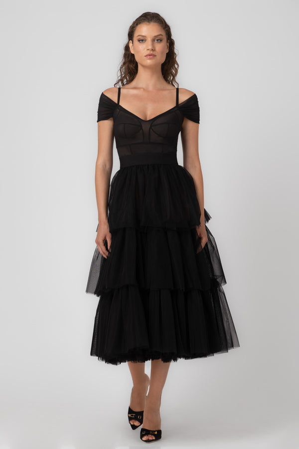 Rochie midi neagra din tulle Sculpt Ruffle