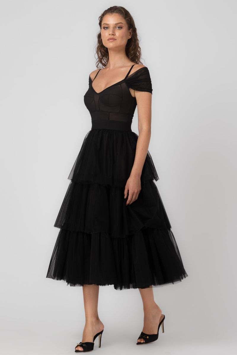 Rochie midi neagra din tulle Sculpt Ruffle