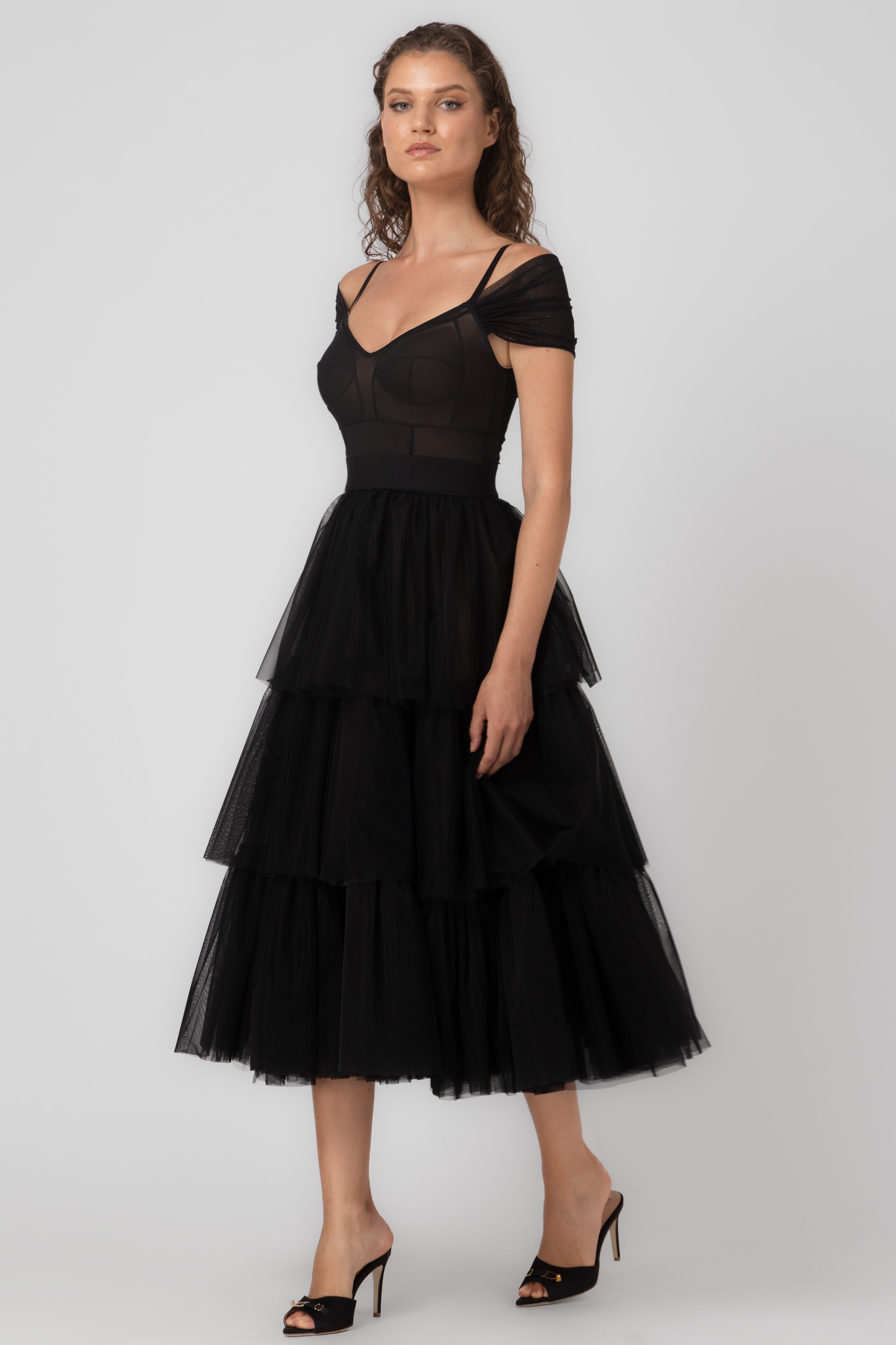 Rochie midi neagra din tul Sculpt Ruffle