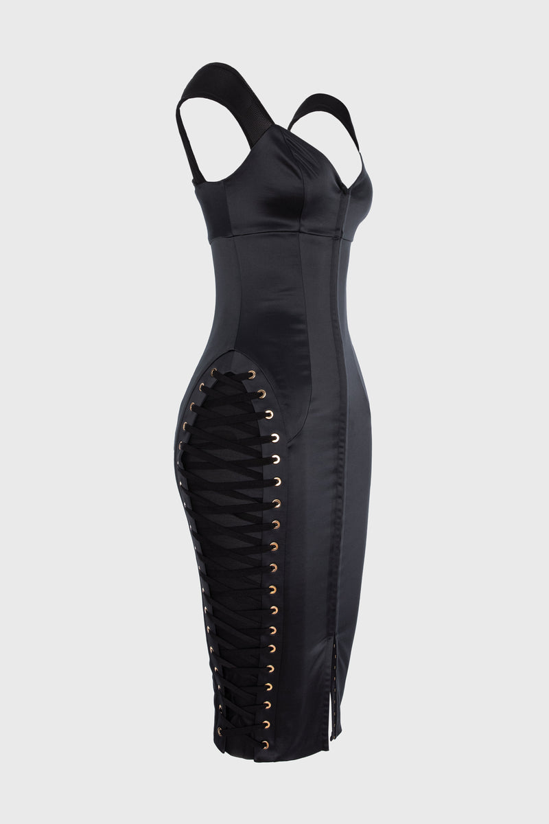 Rochie neagra din satin cu insiretare Blackcherry