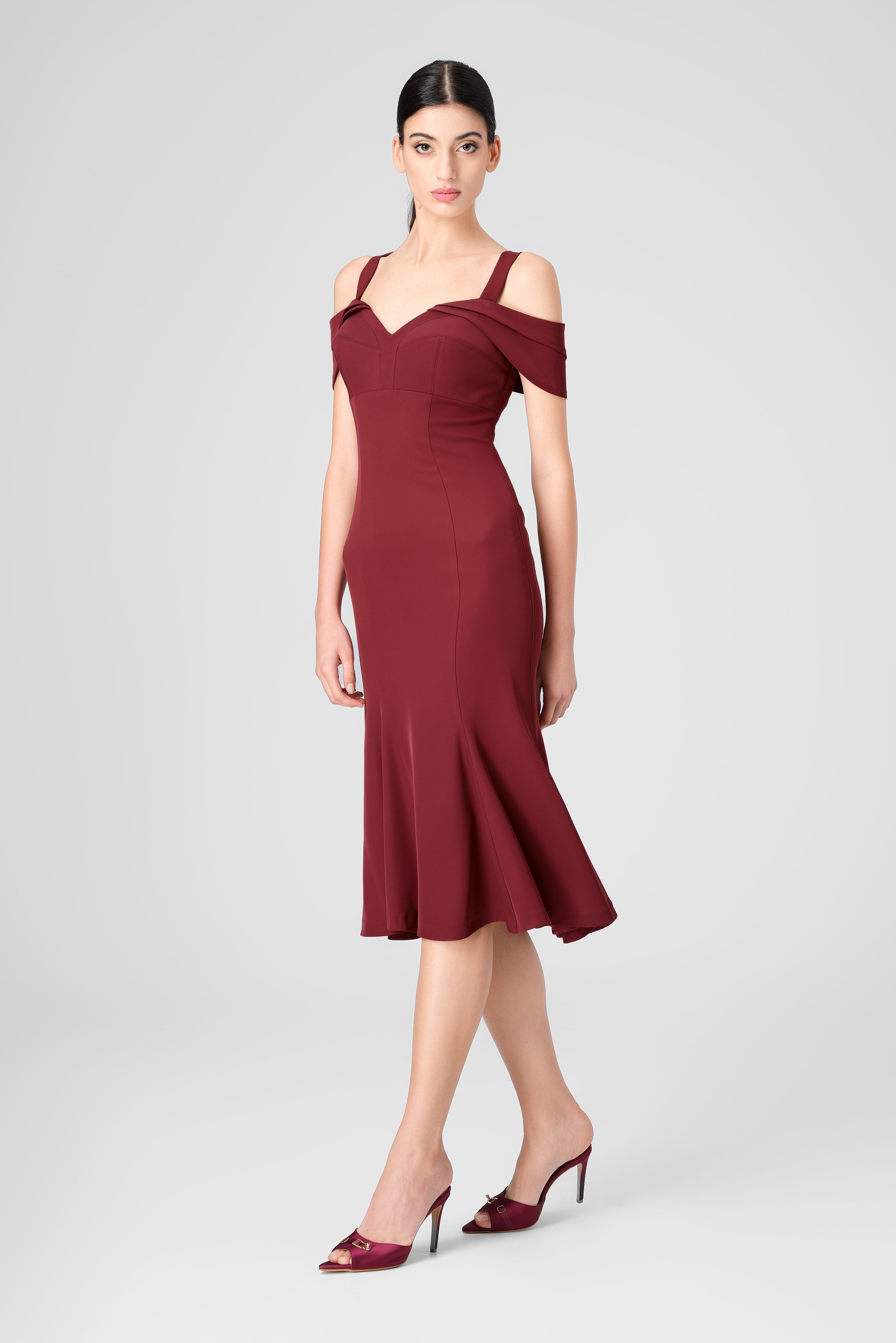 Rochie midi rosu burgund cu cupe retro Candy