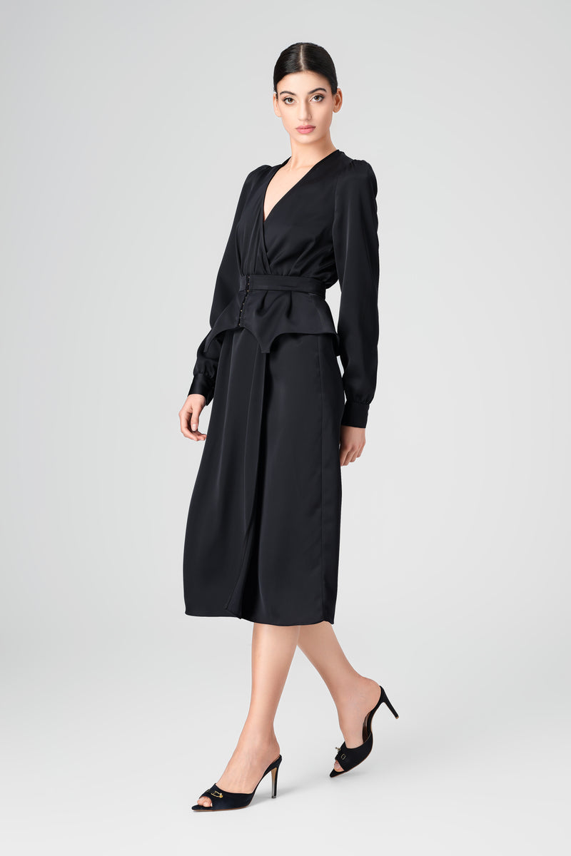 Rochie neagra midi cu corset integrat Fold