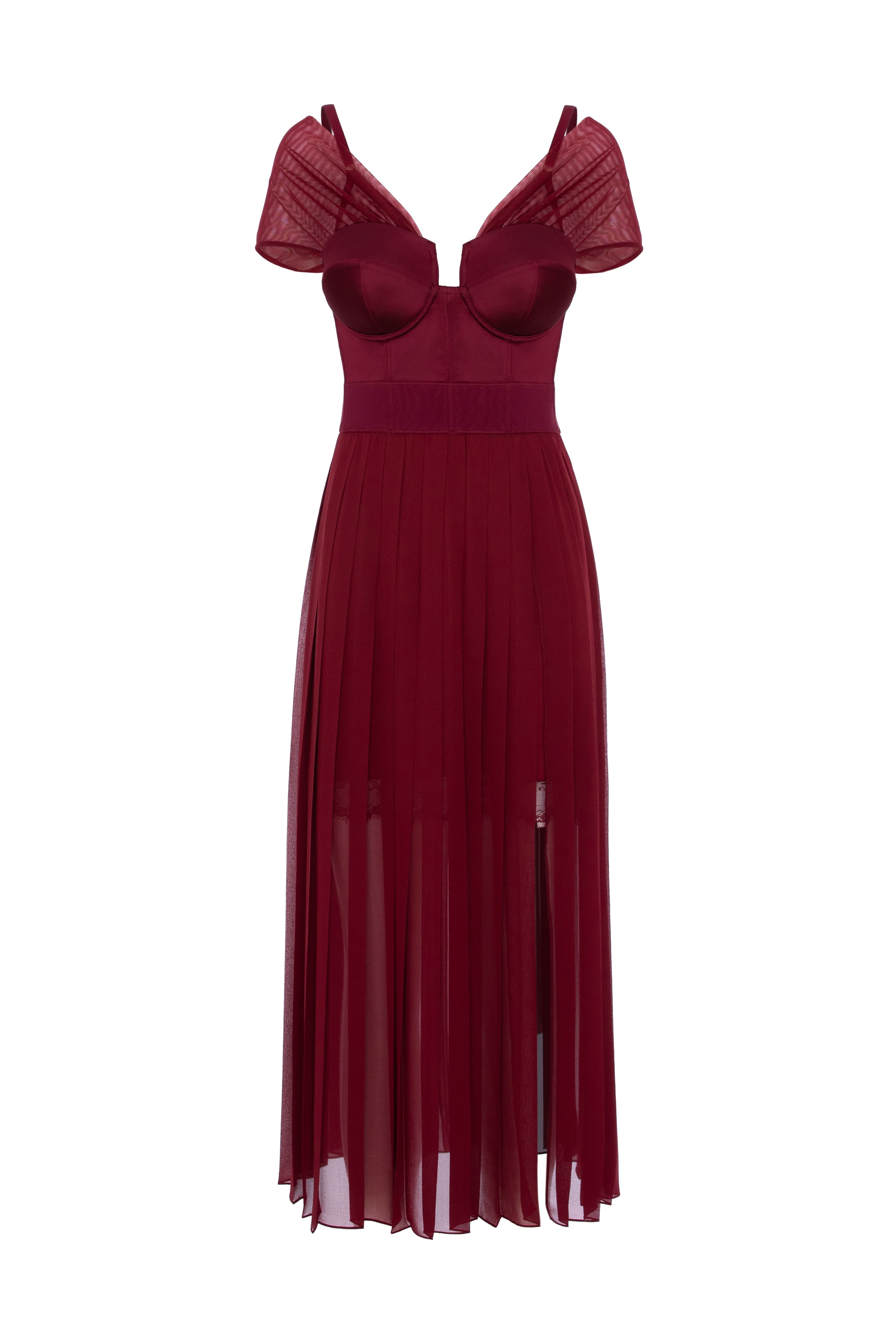 Rochie rosu burgund din satin si voal plisat Utility