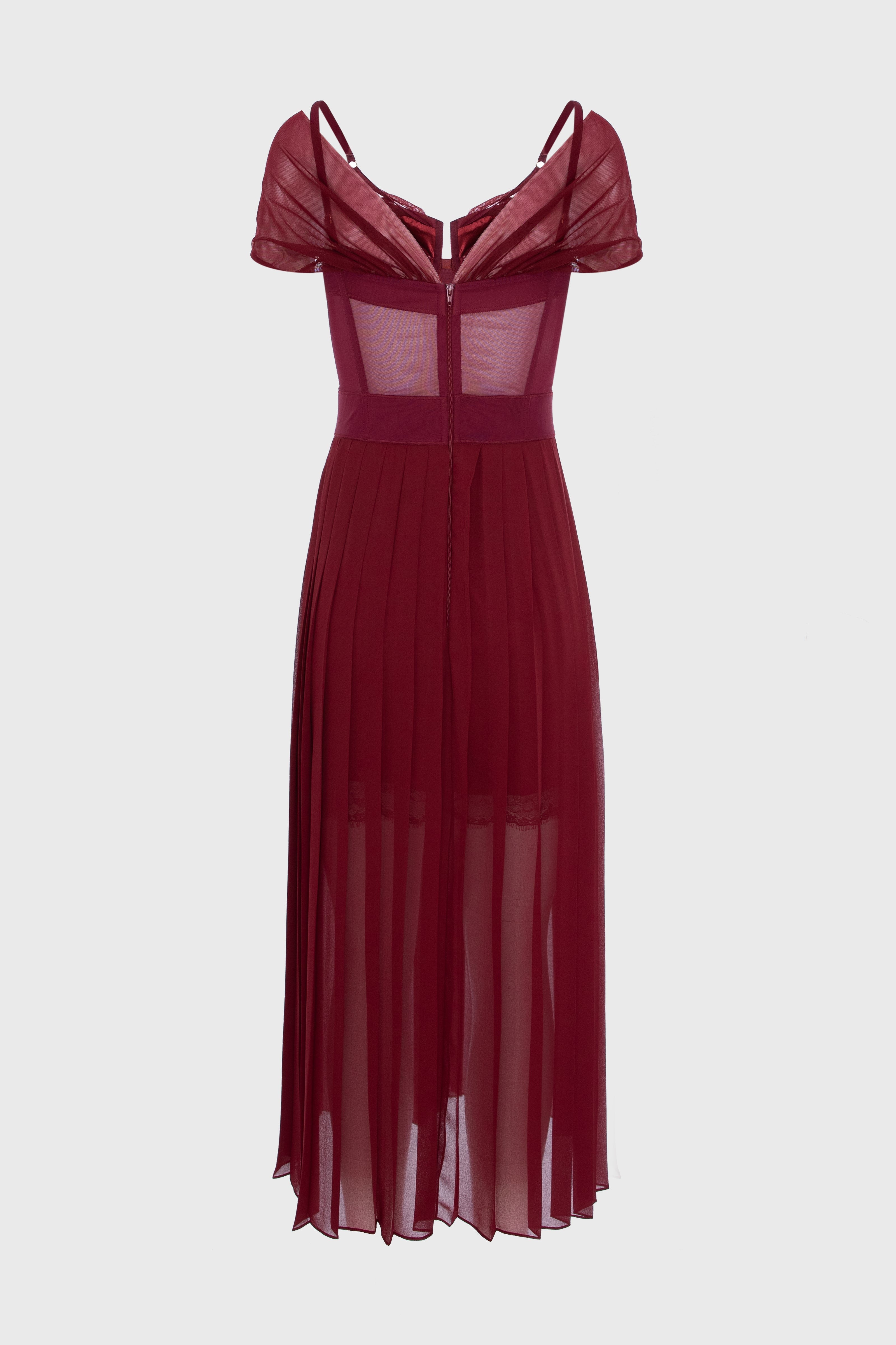 Rochie rosu burgund din satin si voal plisat Utility