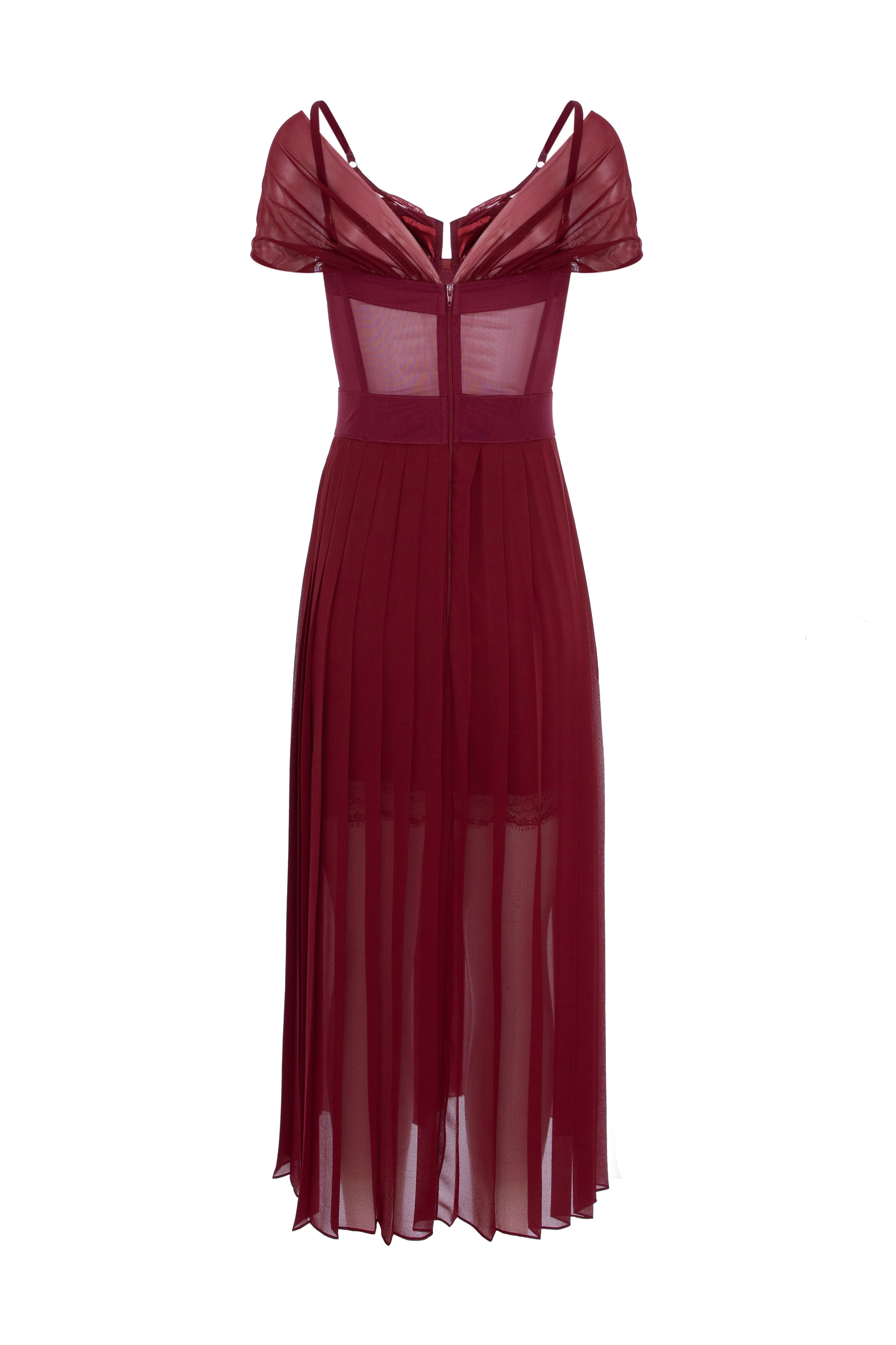 Rochie rosu burgund din satin si voal plisat Utility