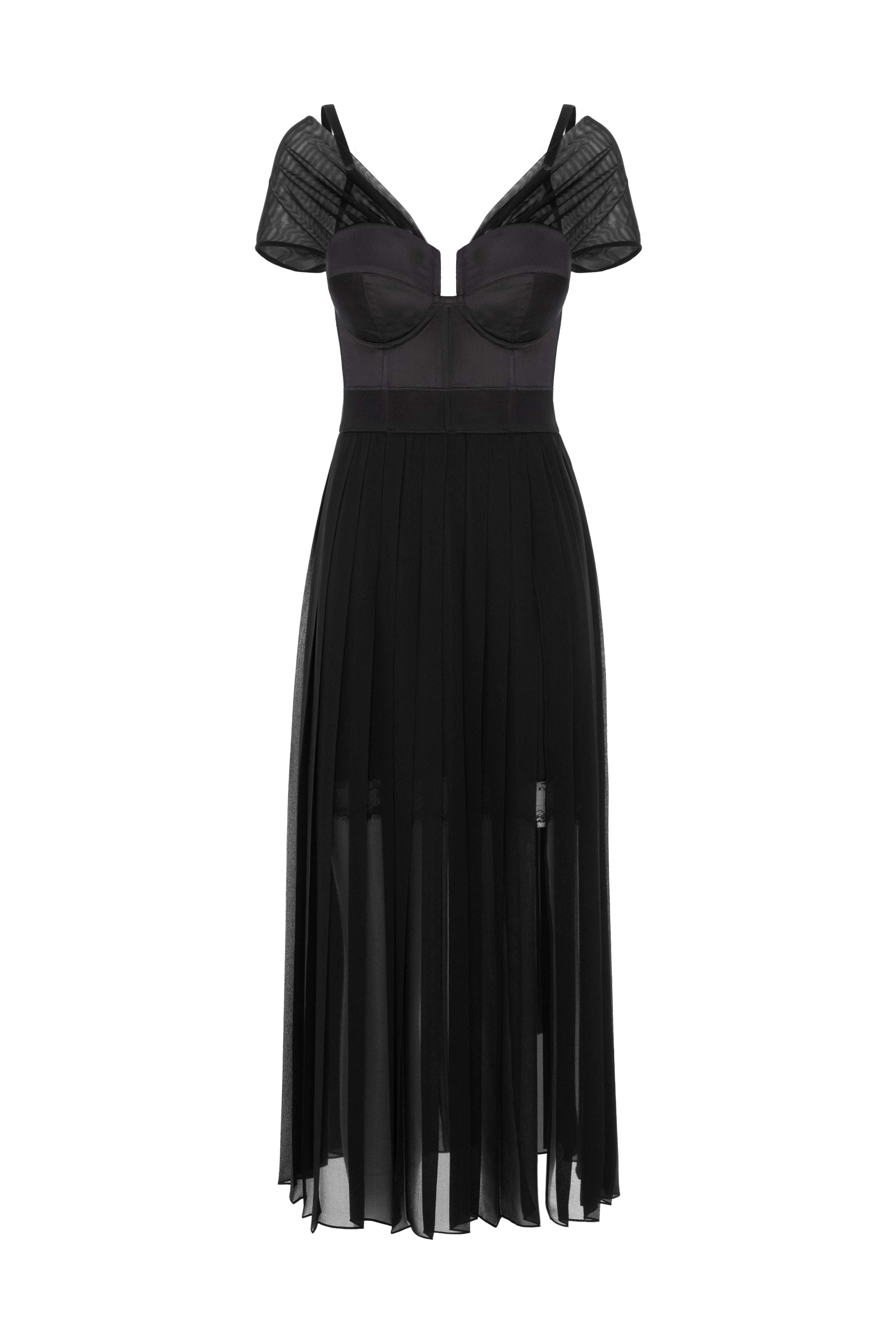 Rochie neagra din satin si voal plisat Utility