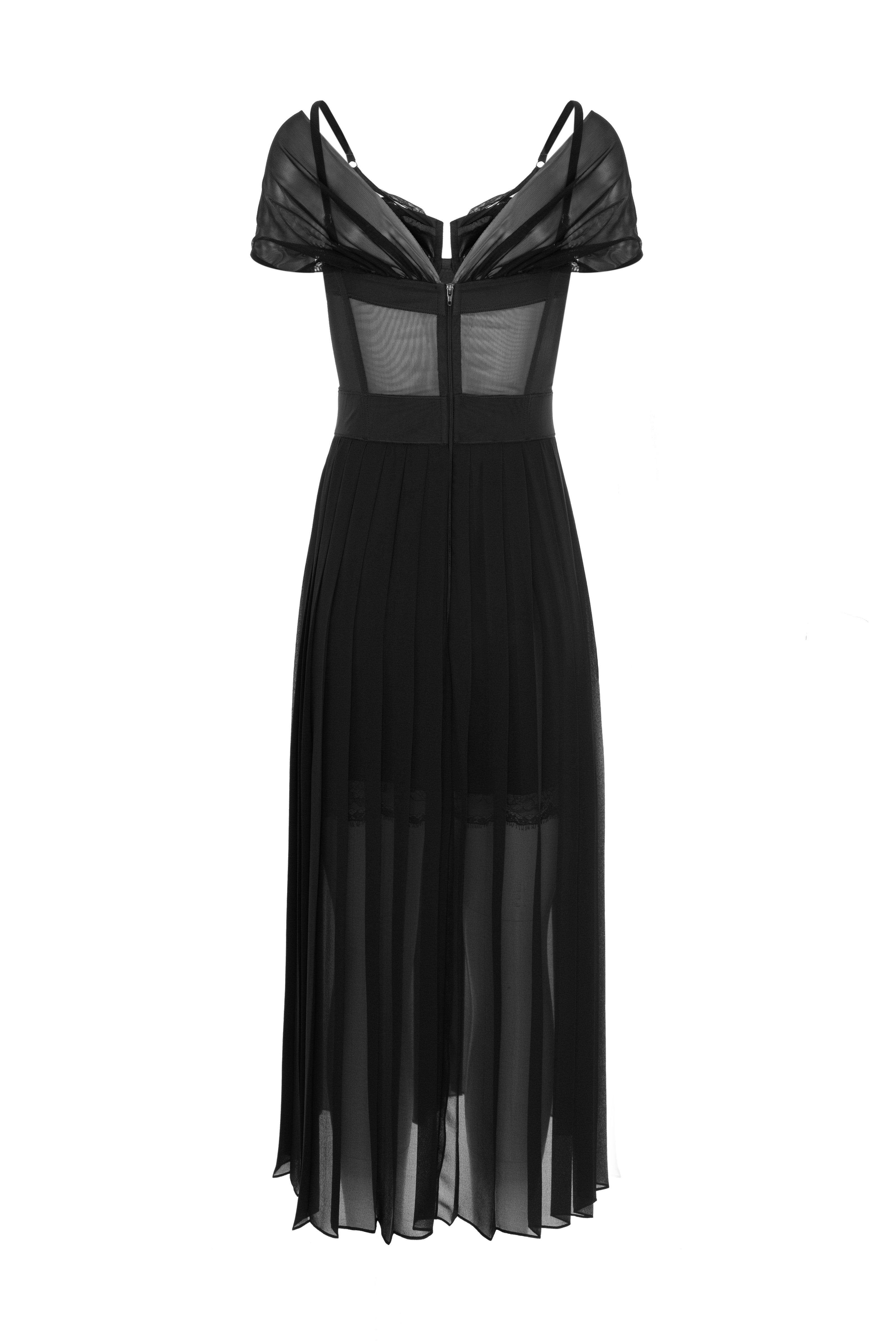 Rochie neagra din satin si voal plisat Utility