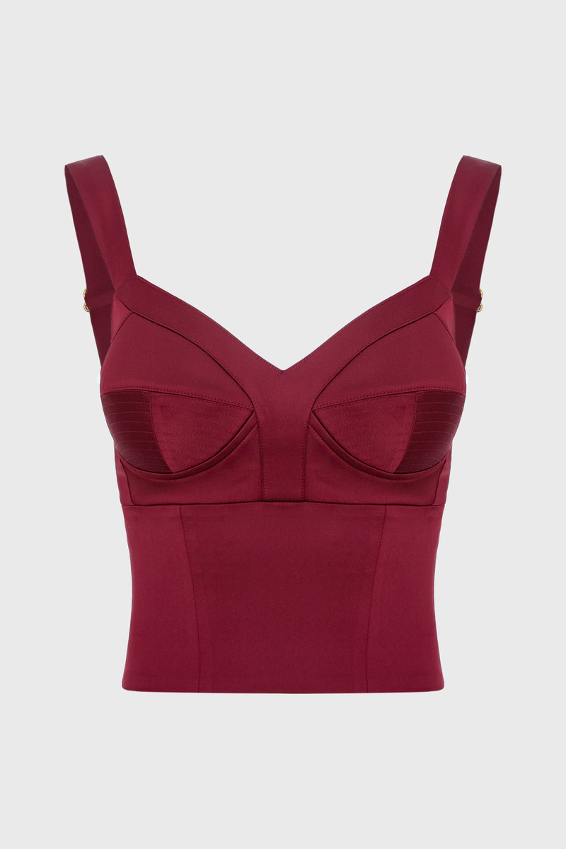 Corset rosu burgund din satin cu cupe Sculpt