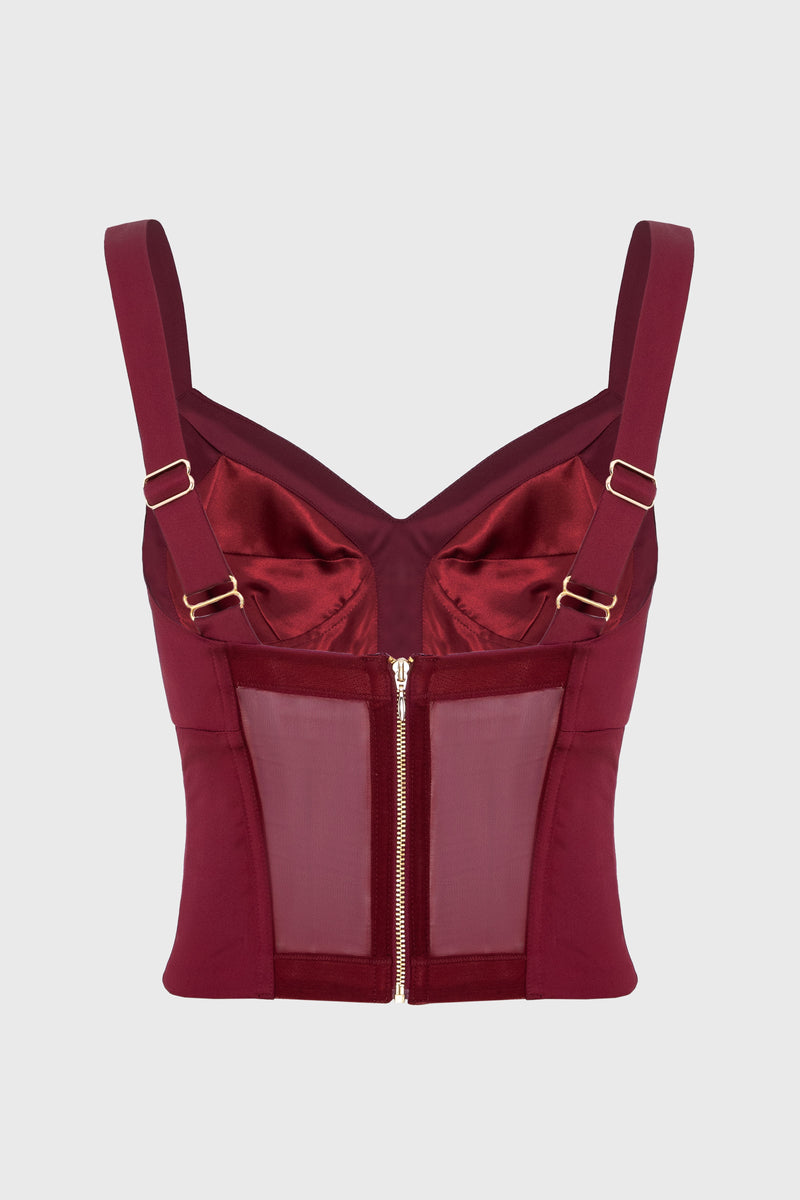 Corset rosu burgund din satin cu cupe Sculpt