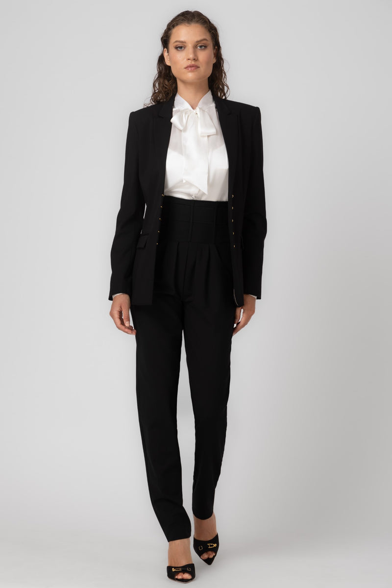 Pantaloni negri cu talie inalta corset din lana Tomboy