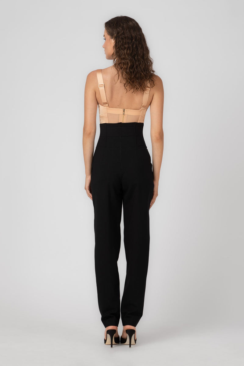 Pantaloni negri cu talie inalta corset din lana Tomboy