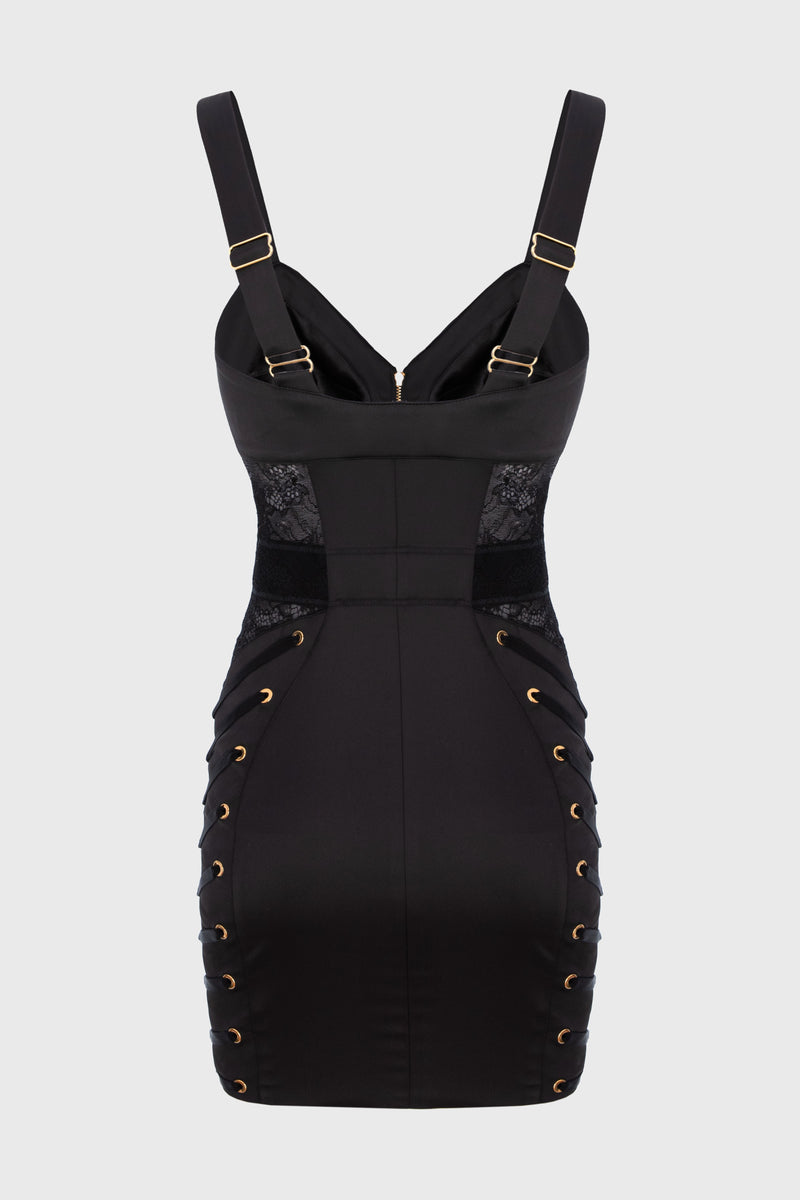 Rochie neagra mini din satin si dantela Zest