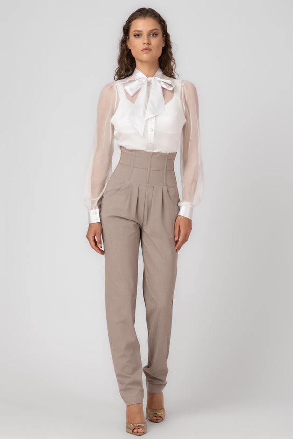 Pantaloni bej cu talie inalta Tomboy