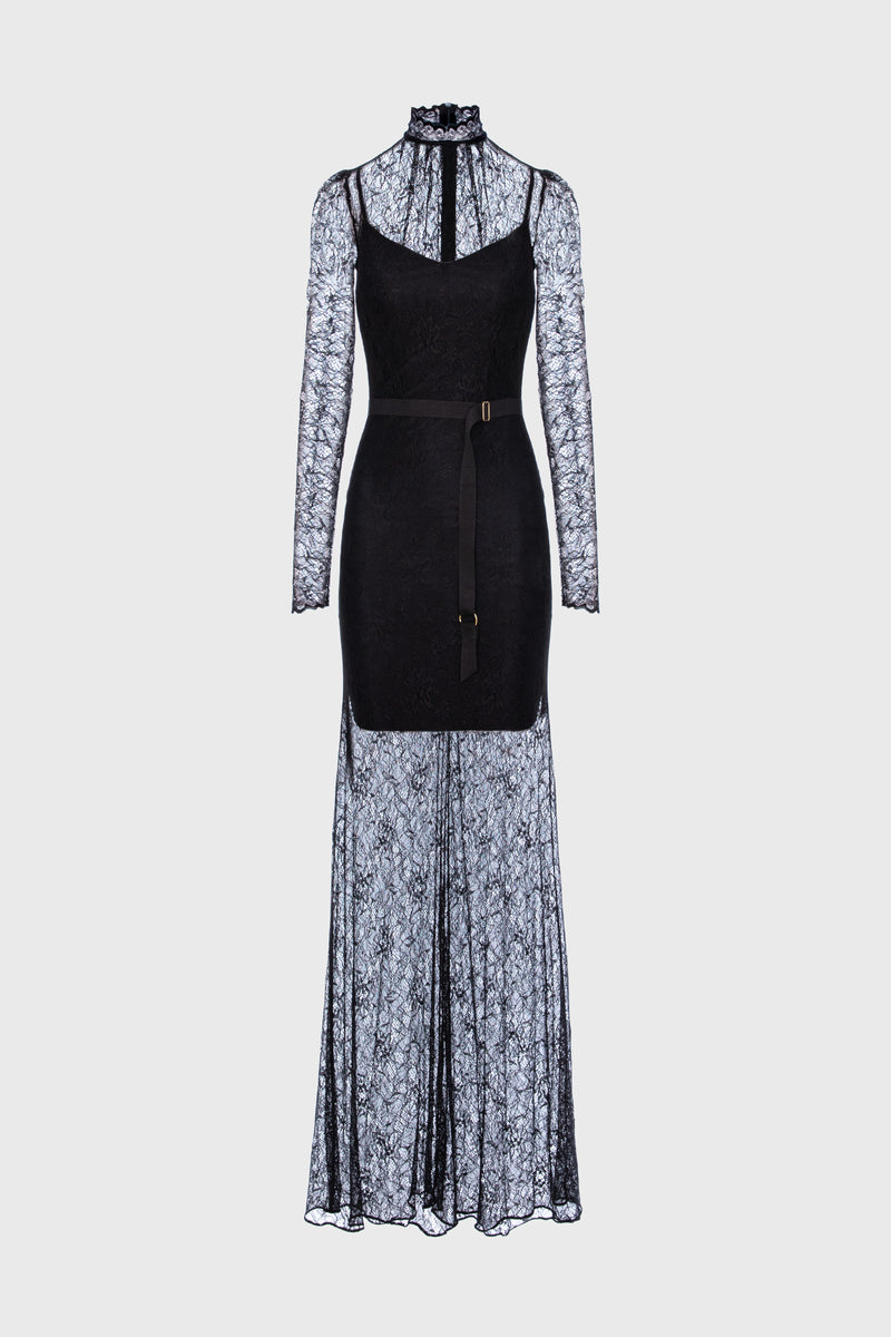 Rochie neagra lunga din dantela Mist
