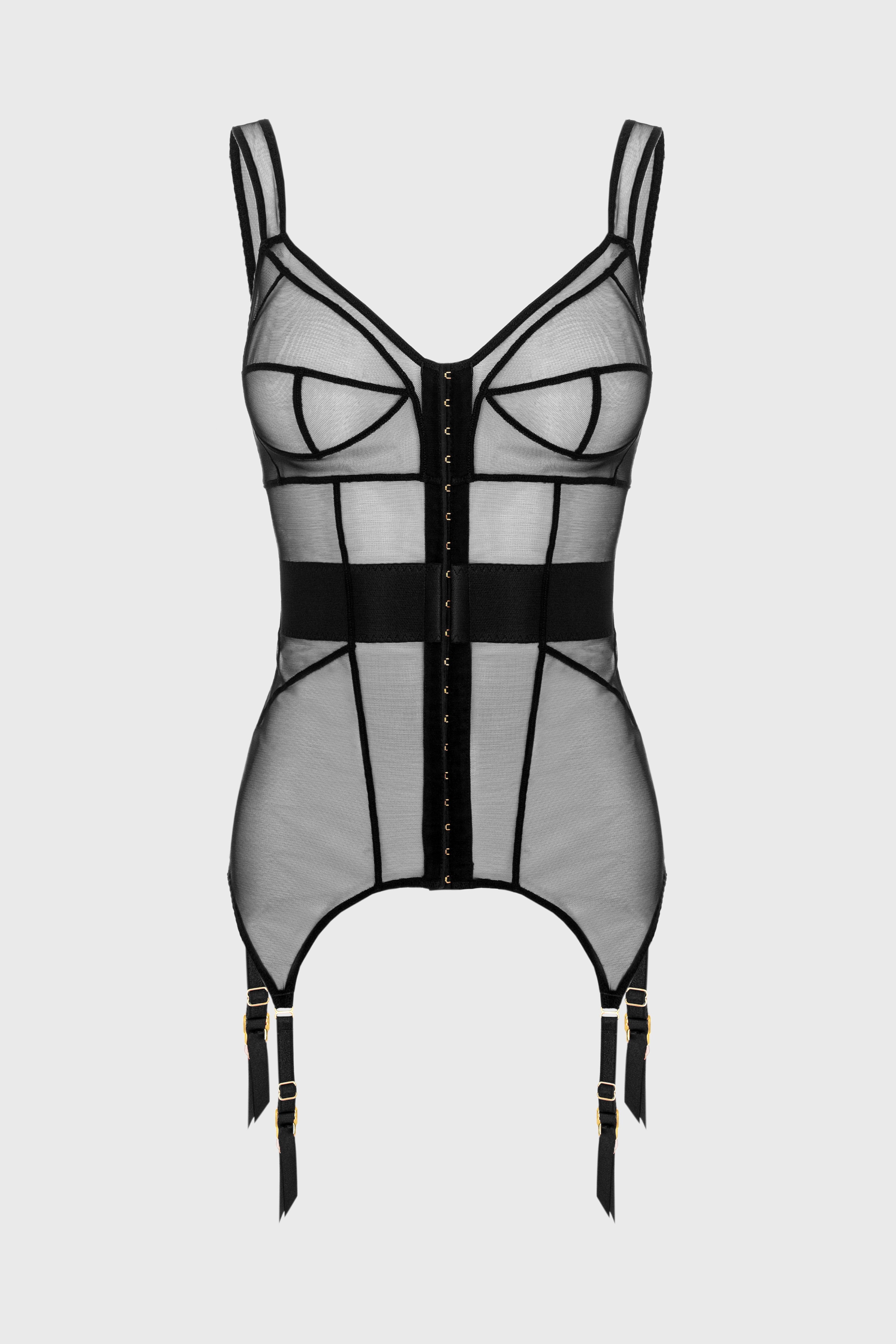 Corset negru din tul elastic cu portjartiere reglabile Zest