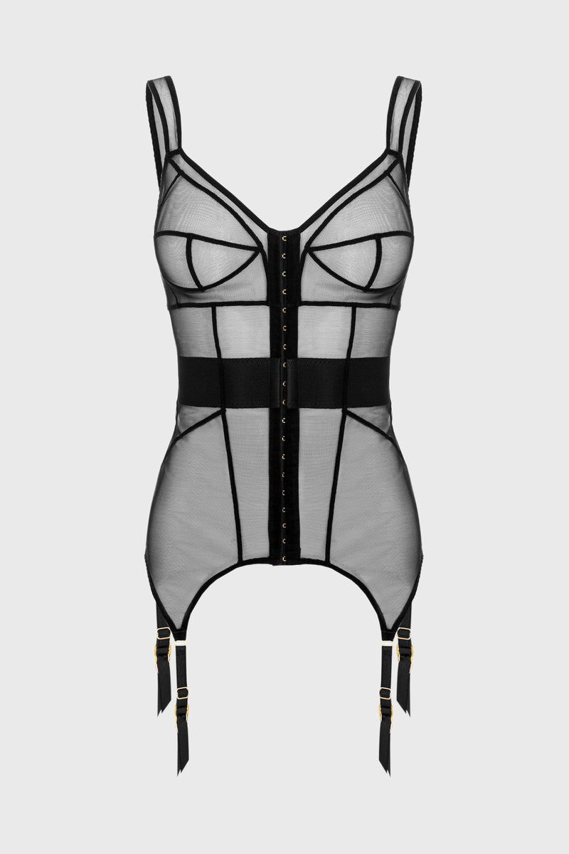 Corset negru din tul elastic cu portjartiere reglabile Zest