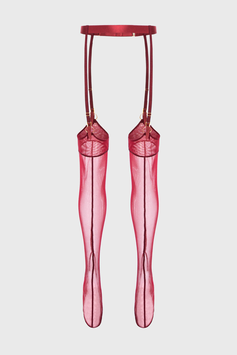 Ciorapi rosu inchis din tulle elastic si curea portjartier Hold-up