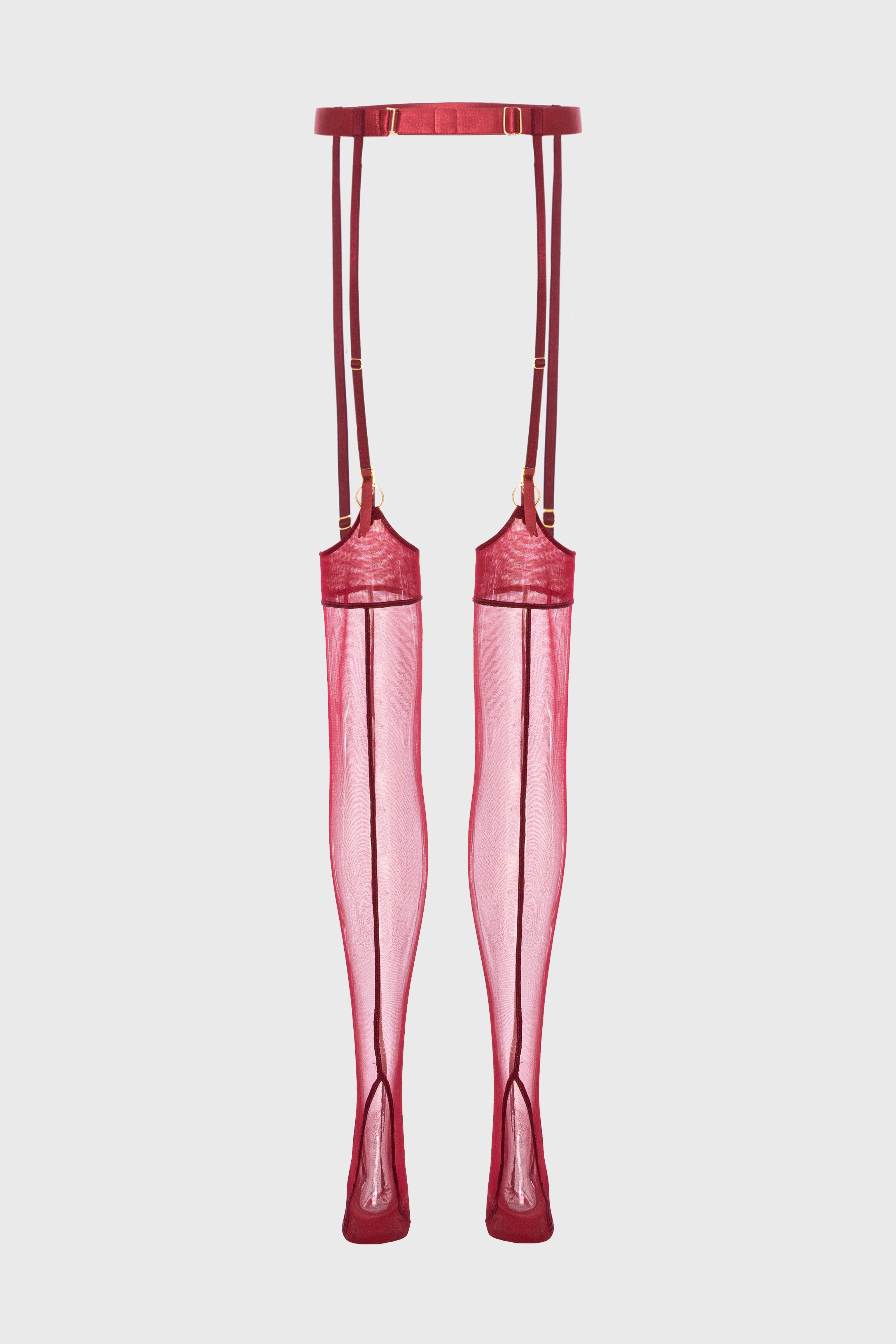 Ciorapi rosu inchis din tulle elastic si curea portjartier Hold-up