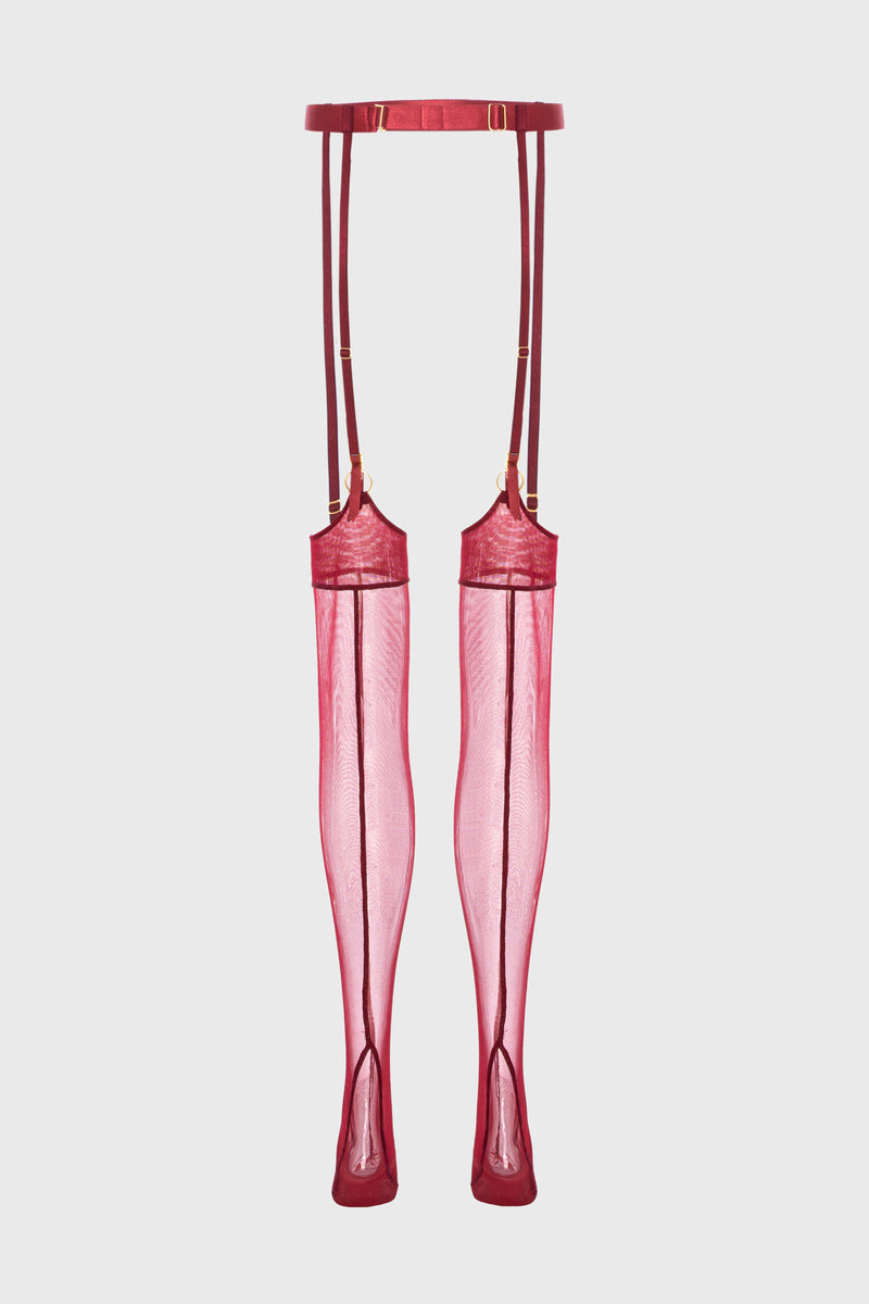 Ciorapi rosu inchis din tulle elastic si curea portjartier Hold-up