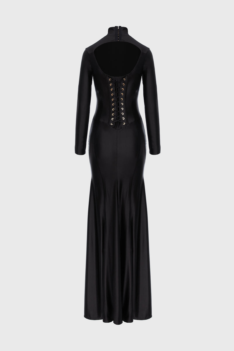 Rochie neagra lunga cu inchidere tip corset Cast