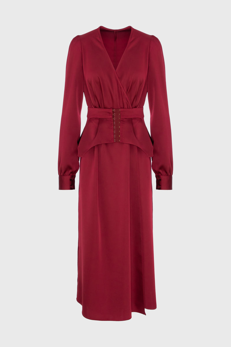 Rochie rosu burgund midi cu corset integrat Fold
