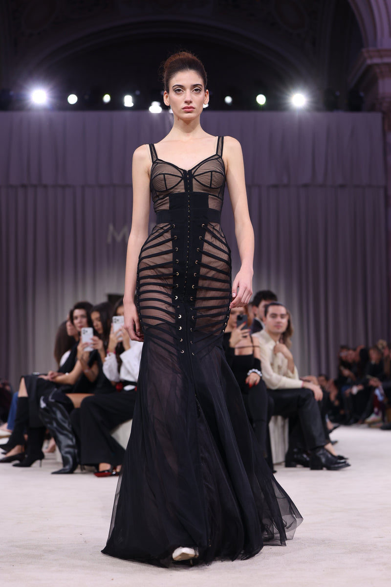 Rochie neagra din tul cu body si furou Tribut Zest