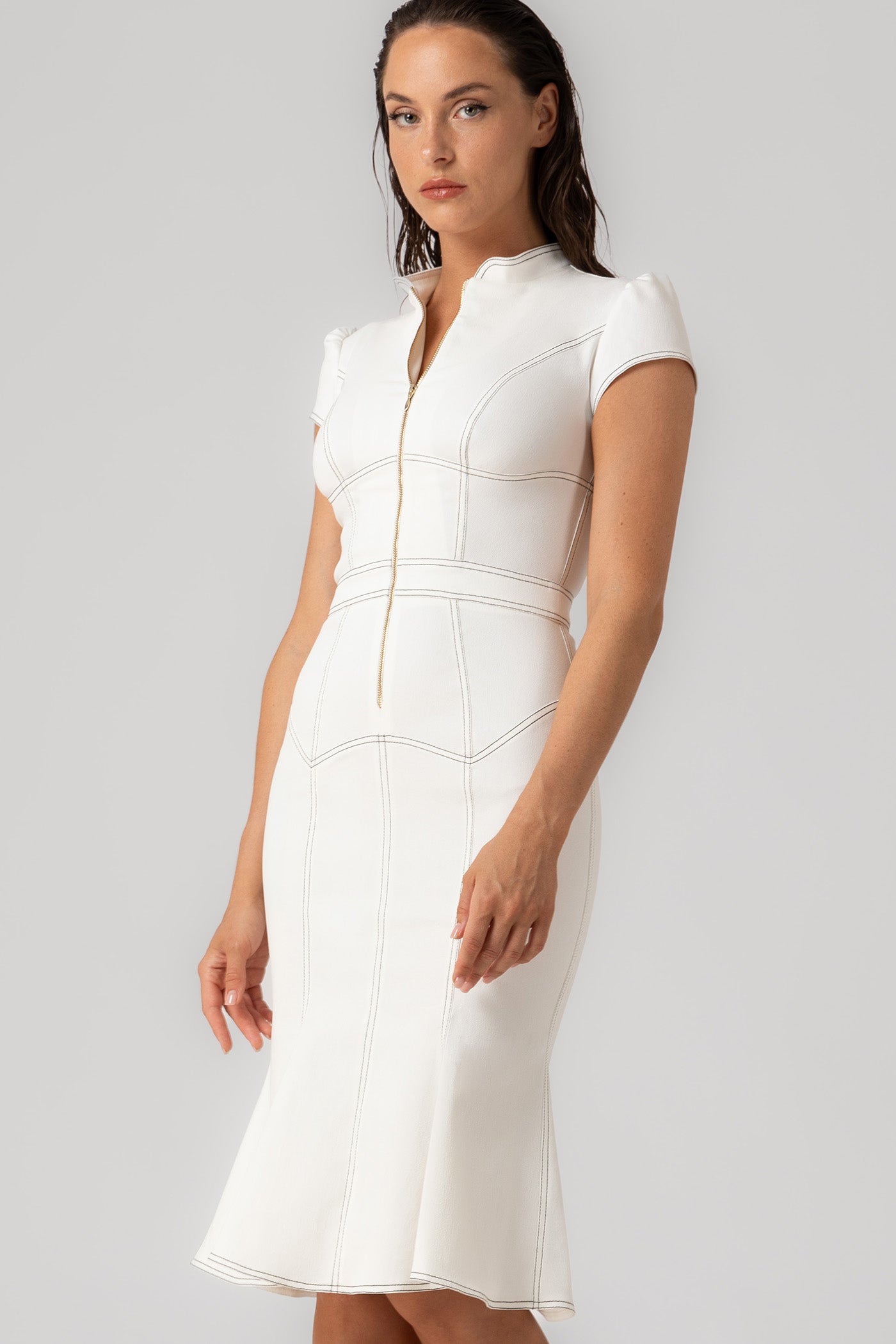 Rochie alba midi din denim bi-elastic Underline
