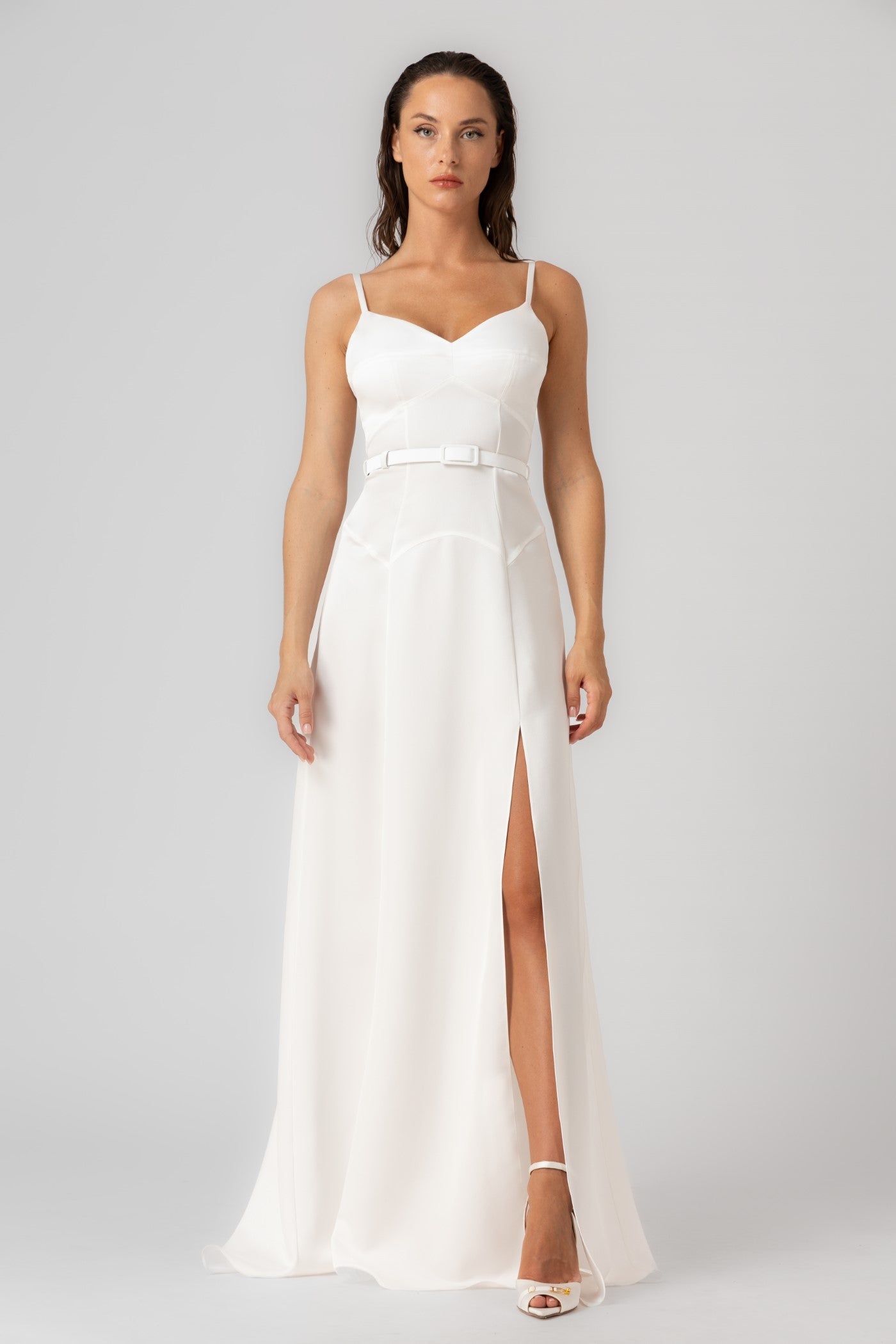 Rochie lunga alba din satin Blossom
