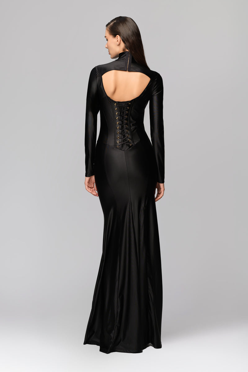 Rochie neagra lunga cu inchidere tip corset Cast