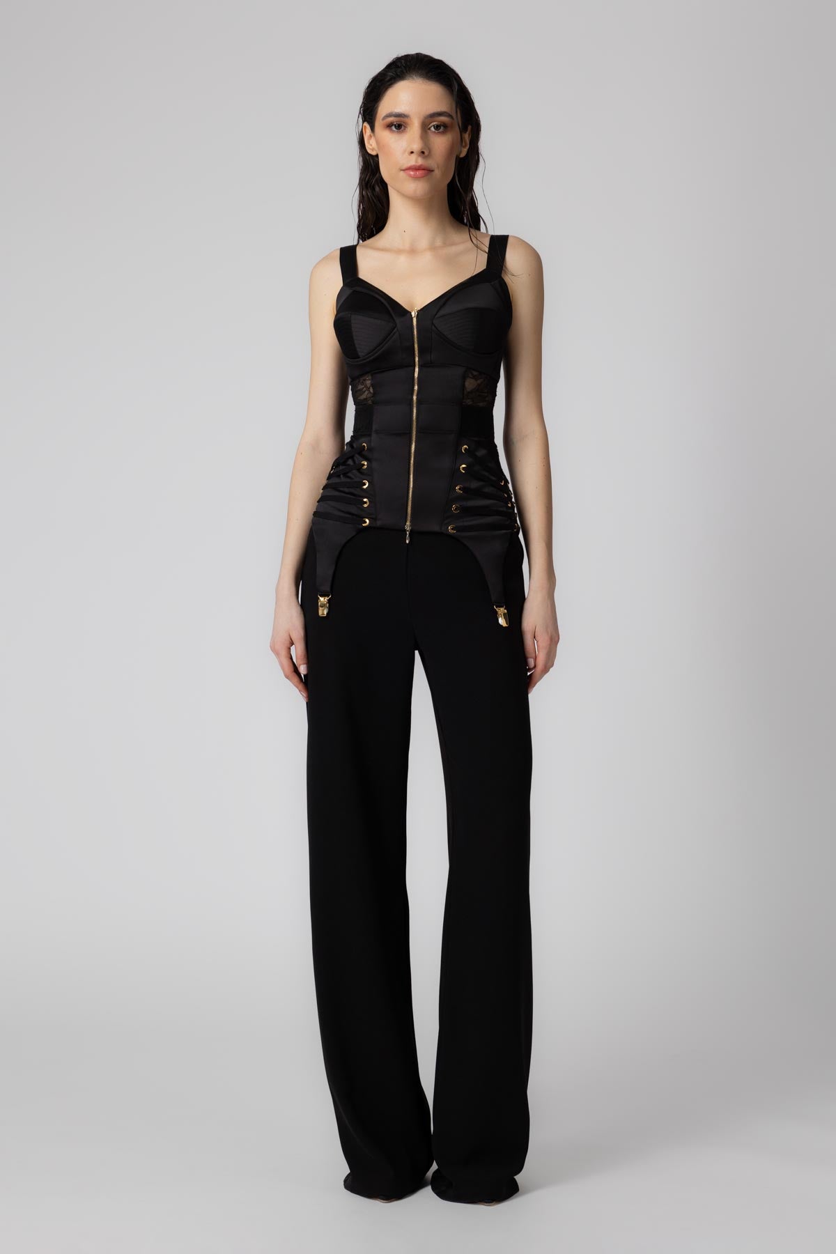 Corset negru din satin si dantela Zest