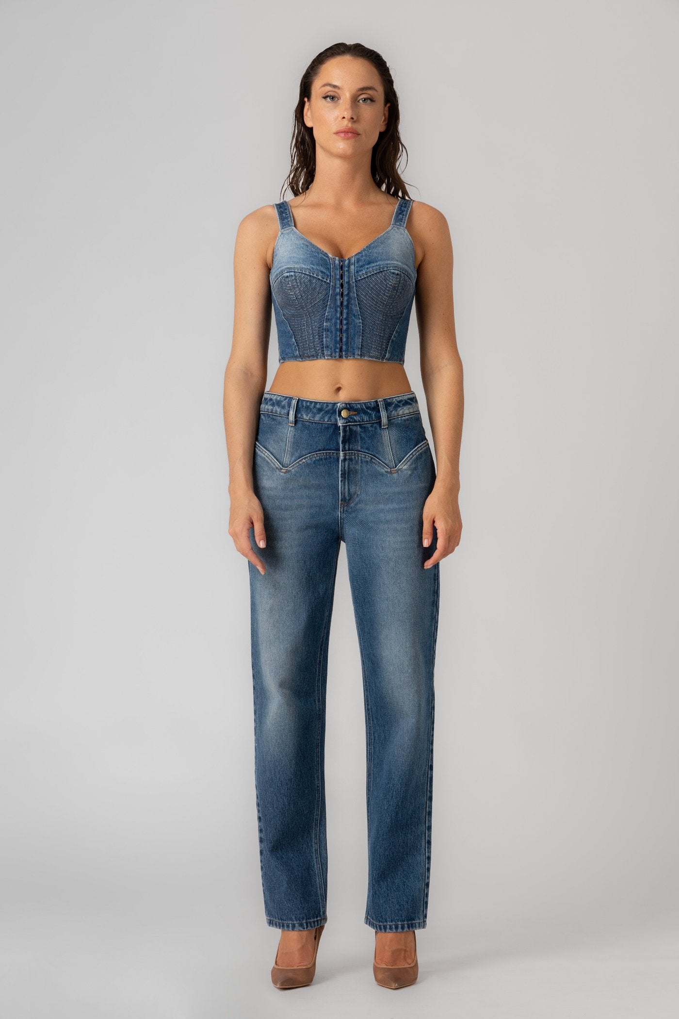 Top albastru din denim Corset