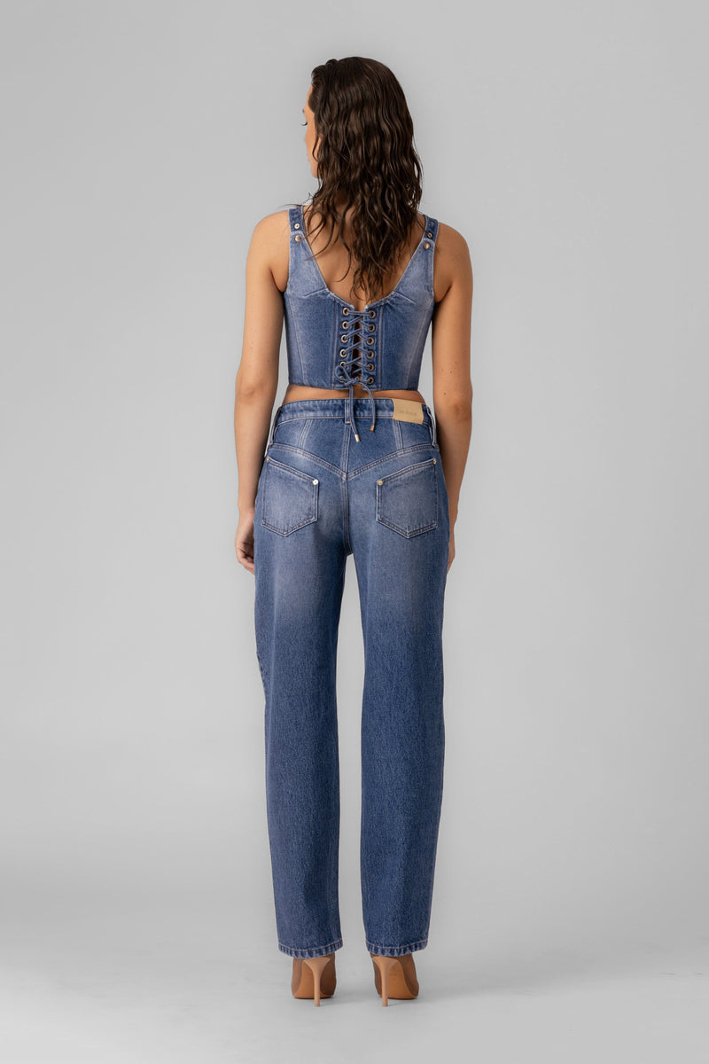 Top albastru din denim Corset