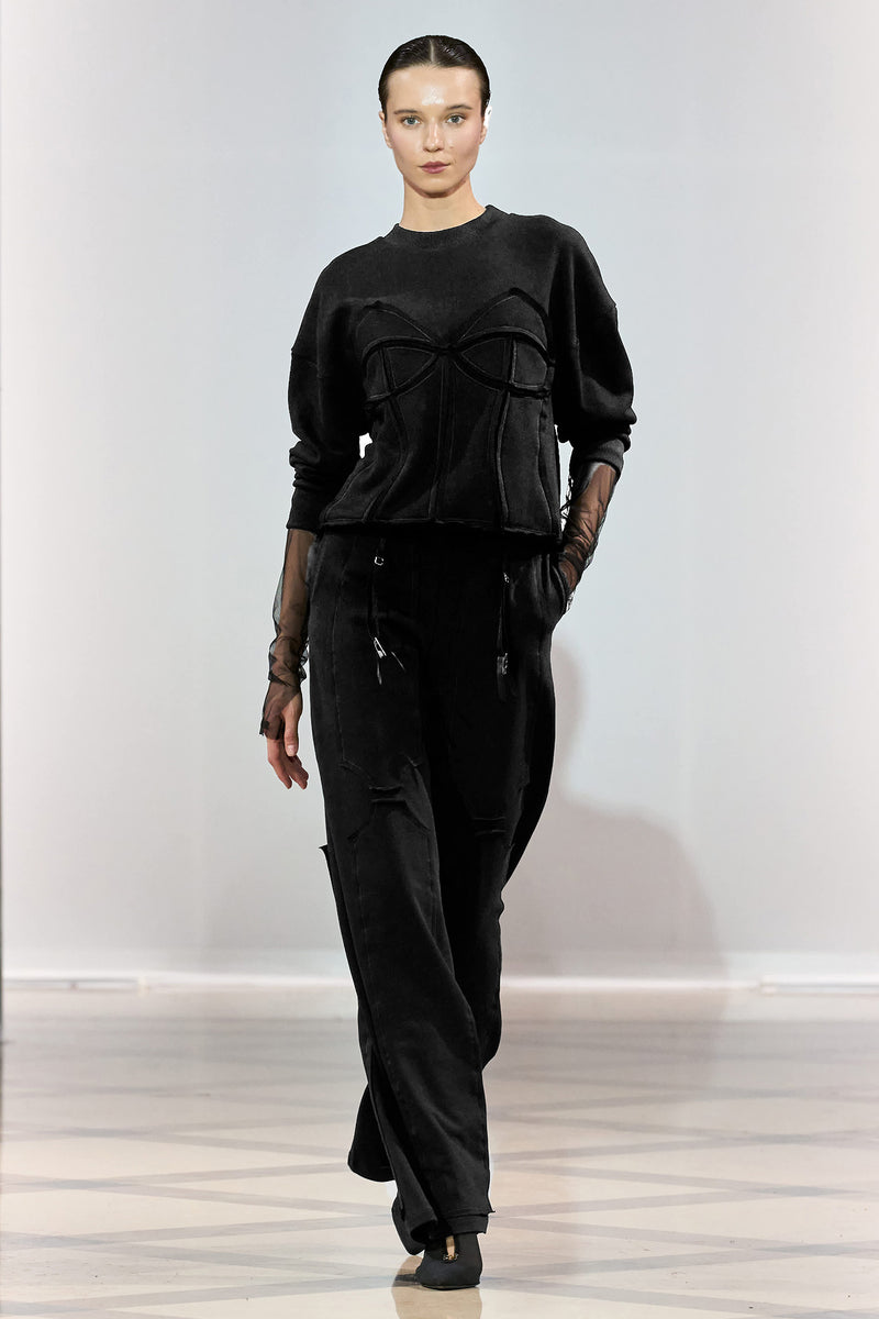 Pantaloni negri din bumbac si modal Deconstructed