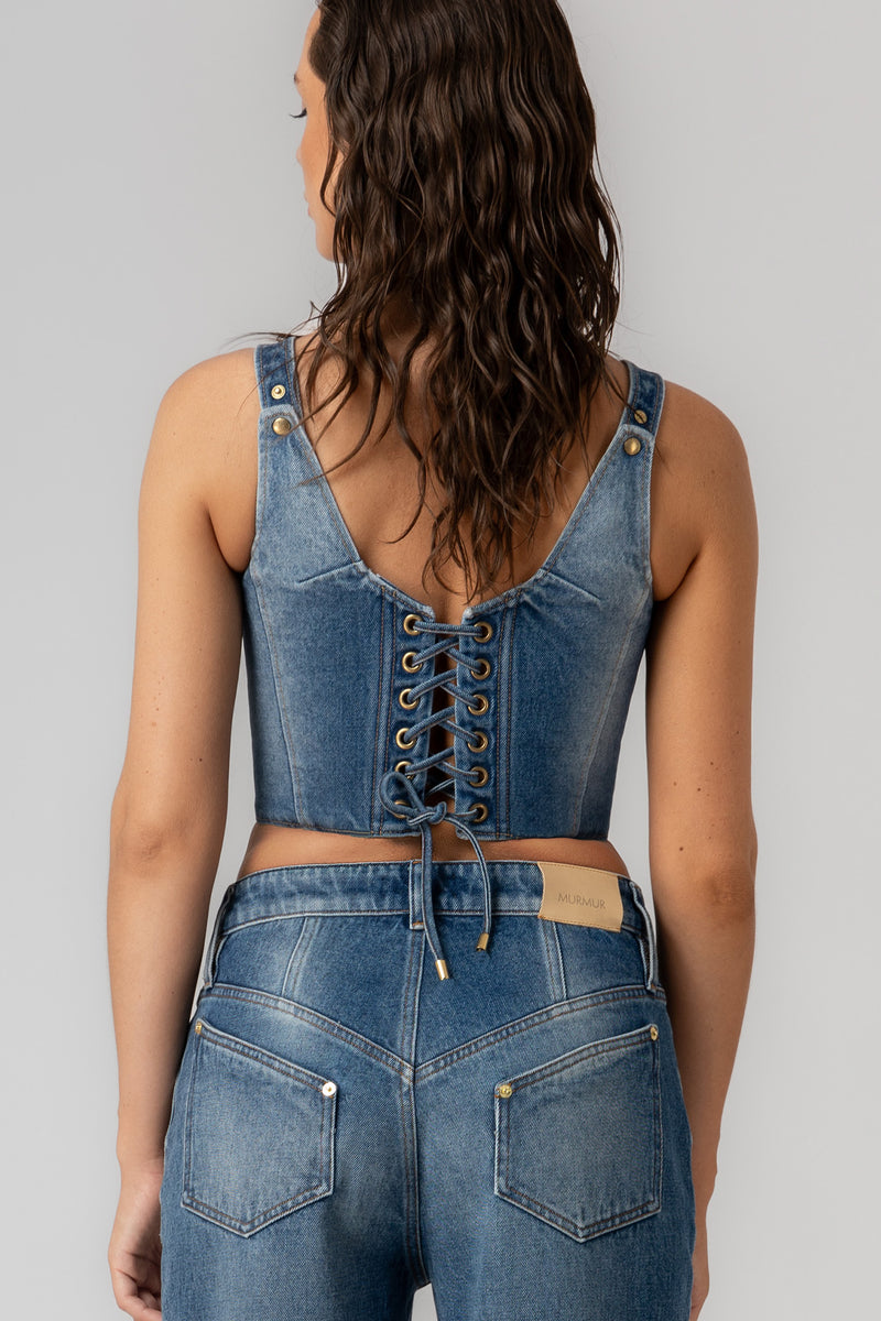 Bra top albastru din denim Corset