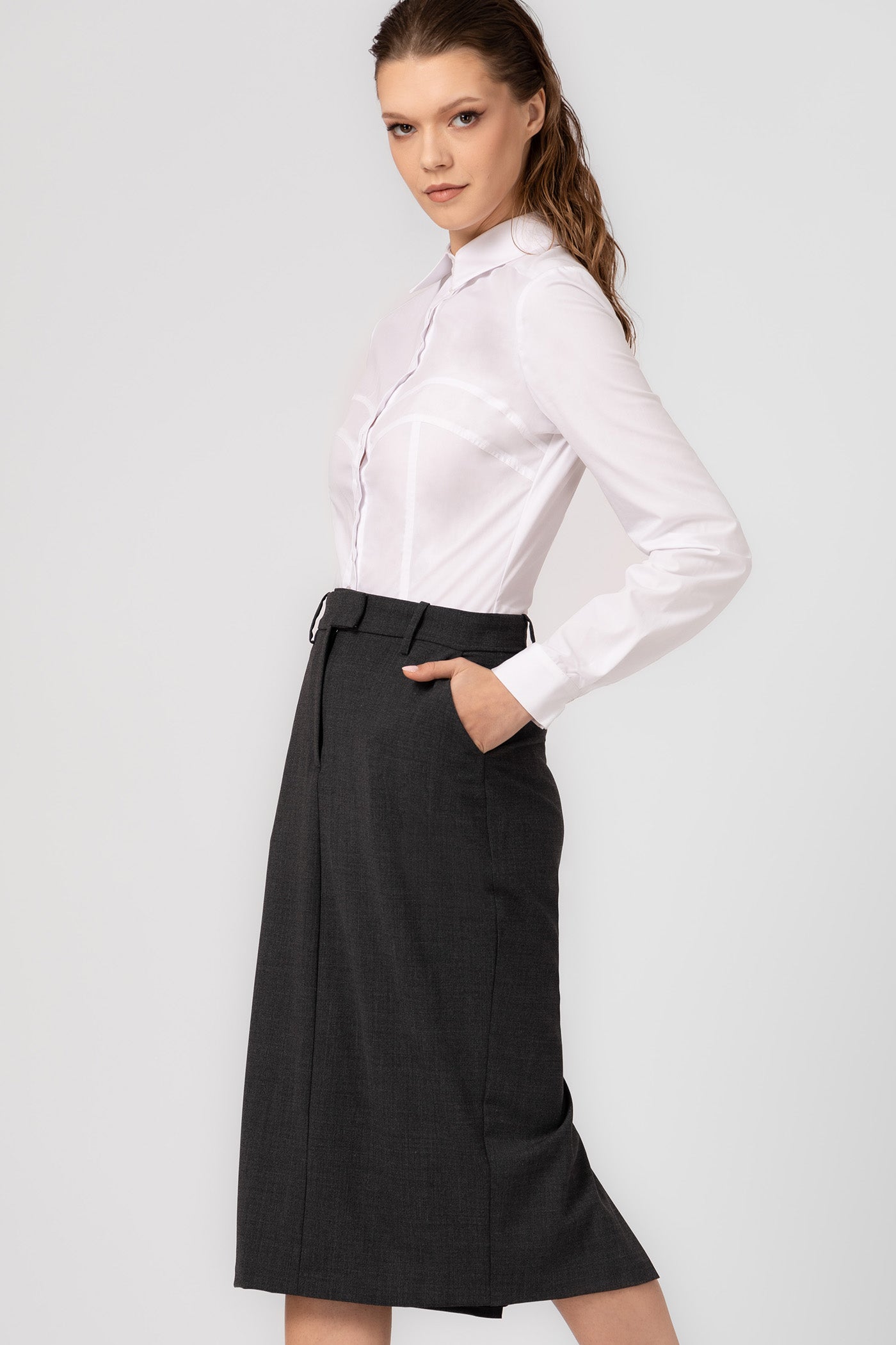 Fusta midi gri clasica din lana Formal