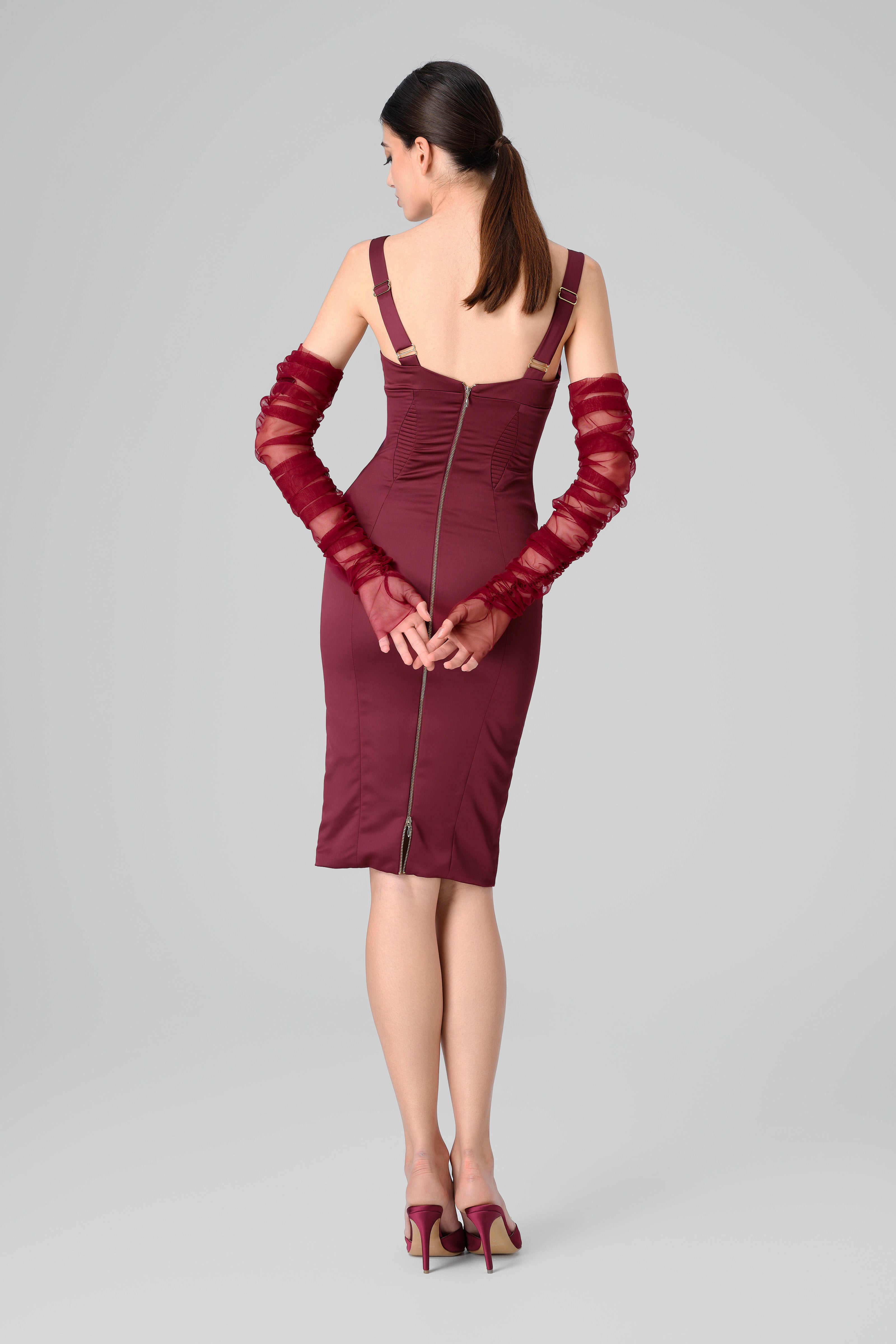 Manusi lungi rosu burgund din tul transparent Sheer