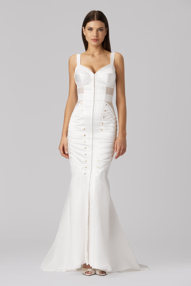 Rochie alba lunga din satin si dantela Zest