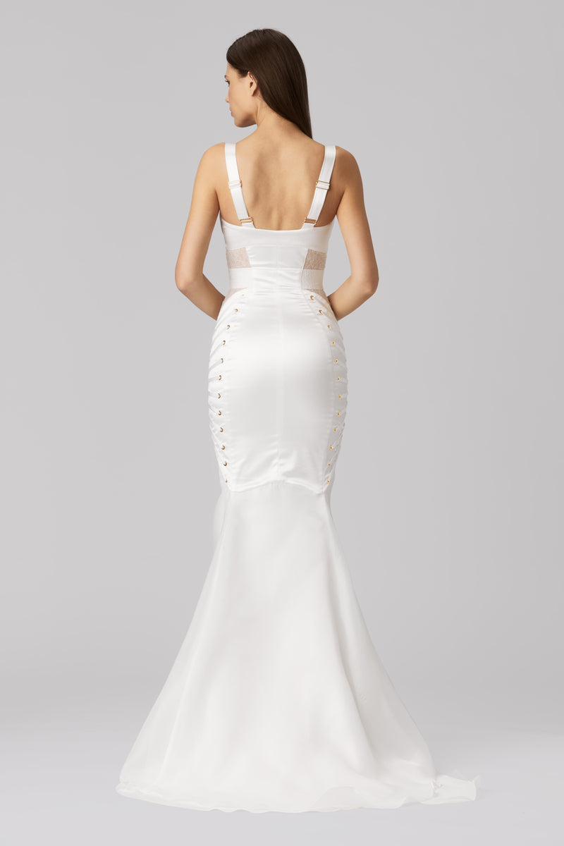 Rochie alba lunga din satin si dantela Zest