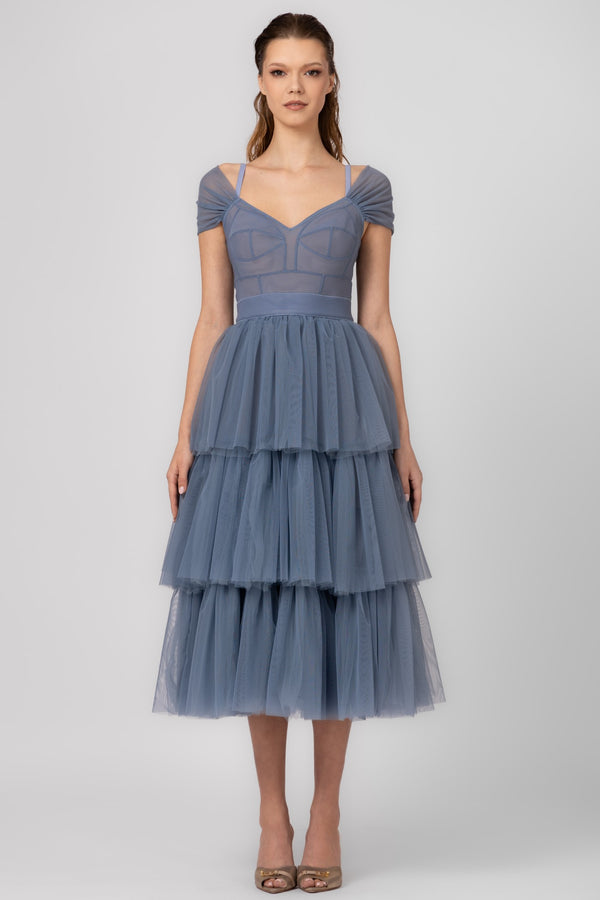Rochie midi albastru deschis din tulle Sculpt Ruffle