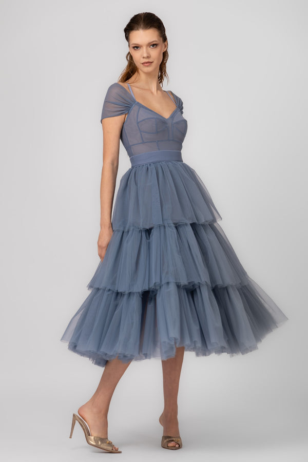 Rochie midi albastru deschis din tulle Sculpt Ruffle
