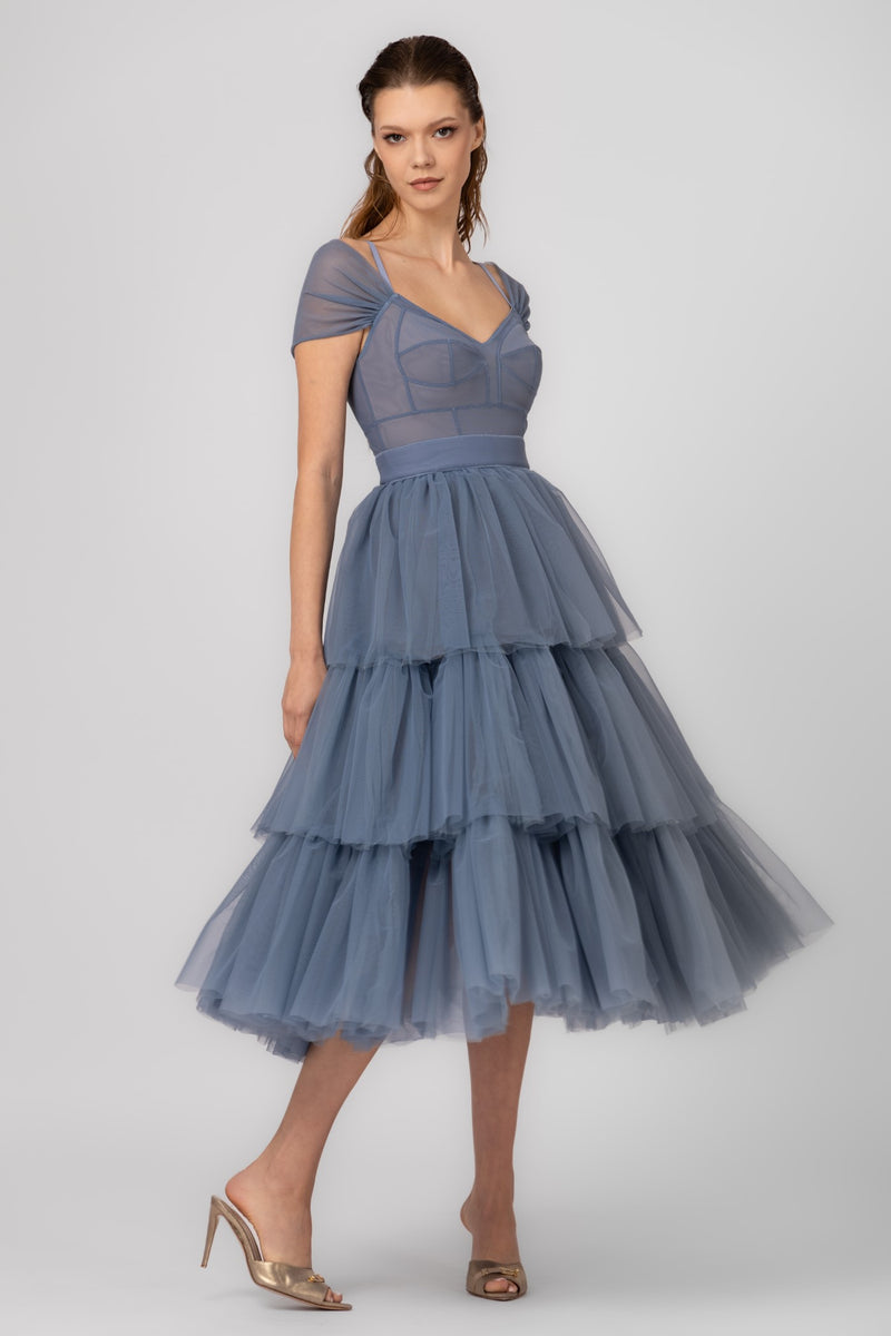 Rochie midi albastru deschis din tulle Sculpt Ruffle