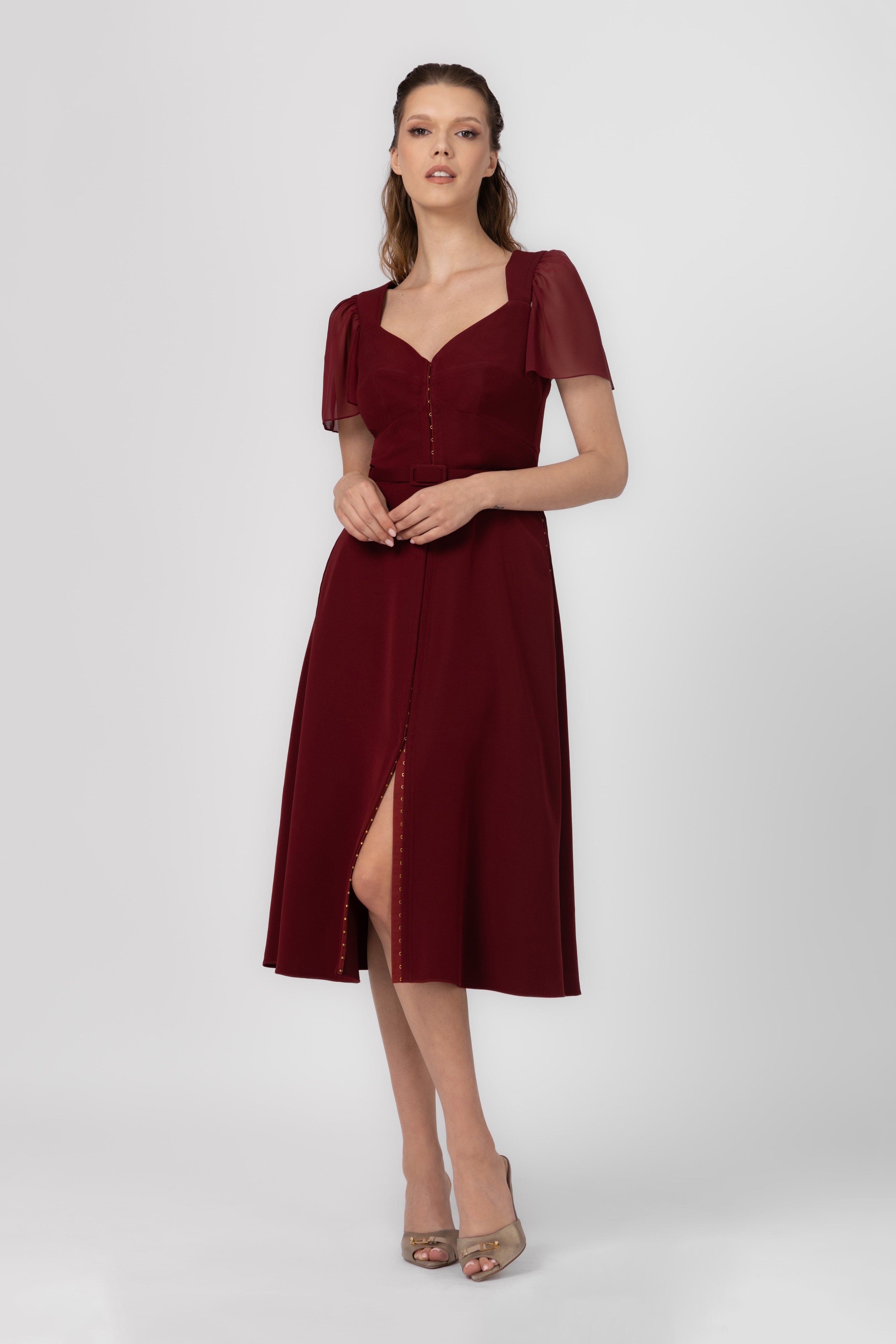 Rochie rosu burgund midi din satin Diversion